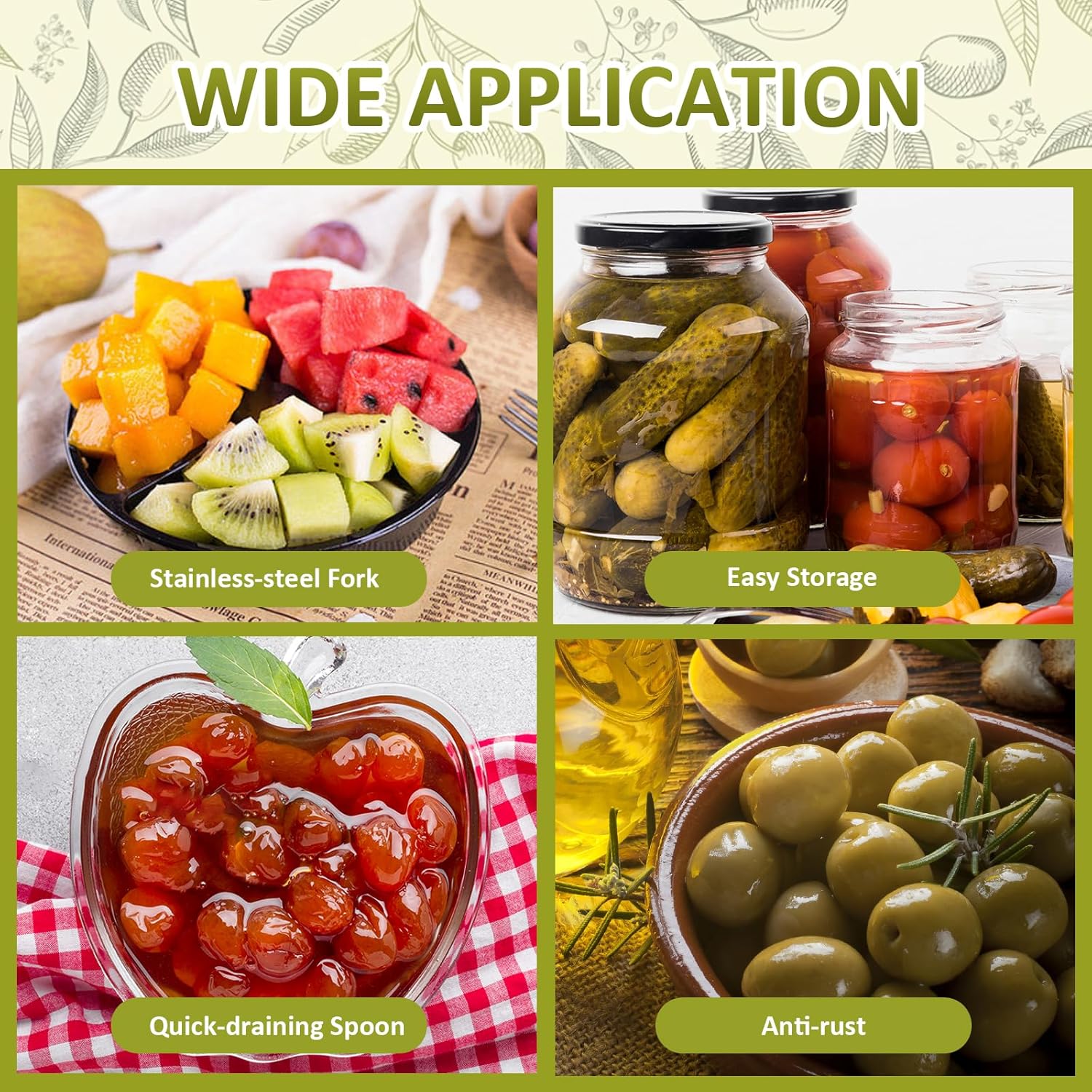Juego de 6 pinzas para servir de cocina con mango largo, tenedor para pepinillos, cuchara de aceituna con orificio de drenaje, colador de acero