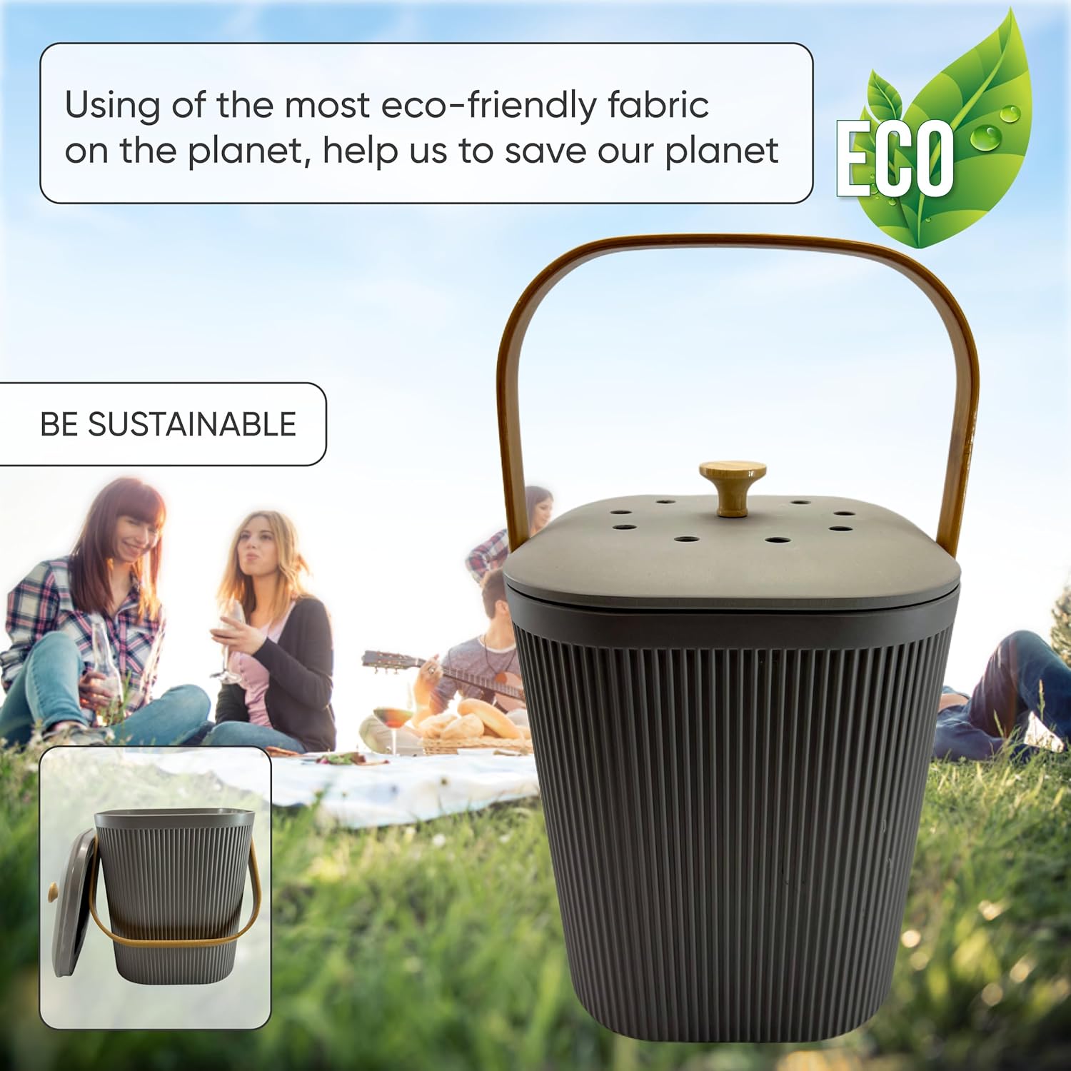 Contenedor de compost de cocina con filtros de carbón, compostador de alimentos sostenible de fibra de bambú para encimera, cubo de compostaje para
