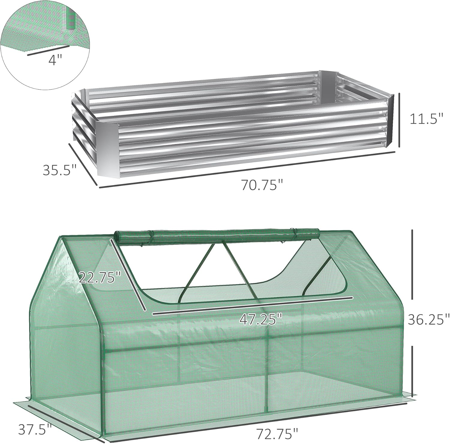Outsunny Cama de jardín elevada galvanizada de 6 x 3 pies con mini cubierta de invernadero de polietileno, maceta de metal para exteriores con 2
