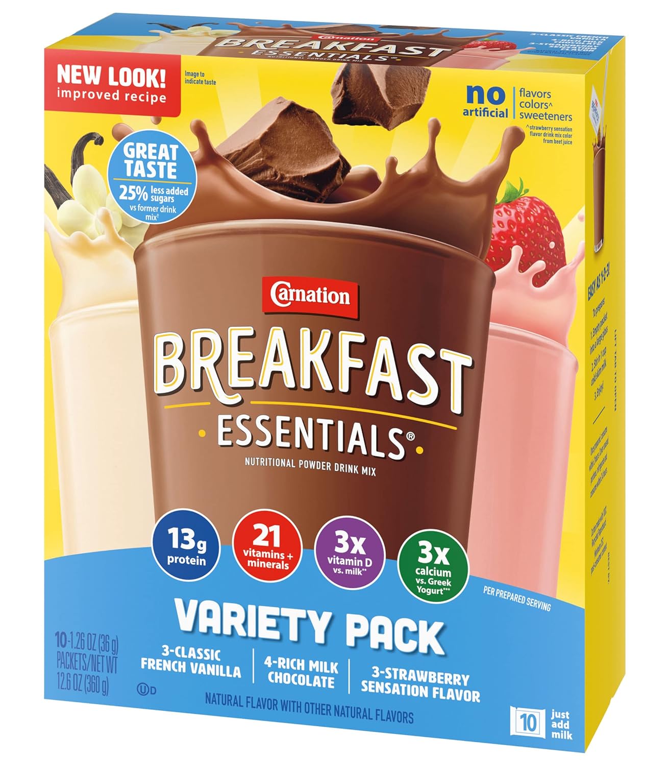 Carnation Instant Breakfast Essentials, paquete variado, 10 unidades, unidades de 1.26 onzas (paquete de 3)