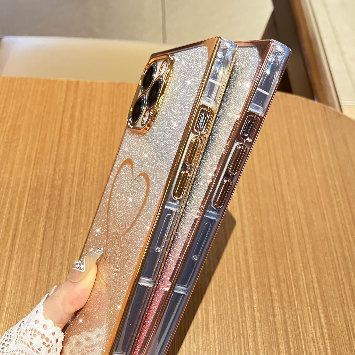 Funda para iPhone 12 Pro Max Gardient con purpurina, cubierta cuadrada brillante con bonito corazón chapado para mujeres y niñas, protección de
