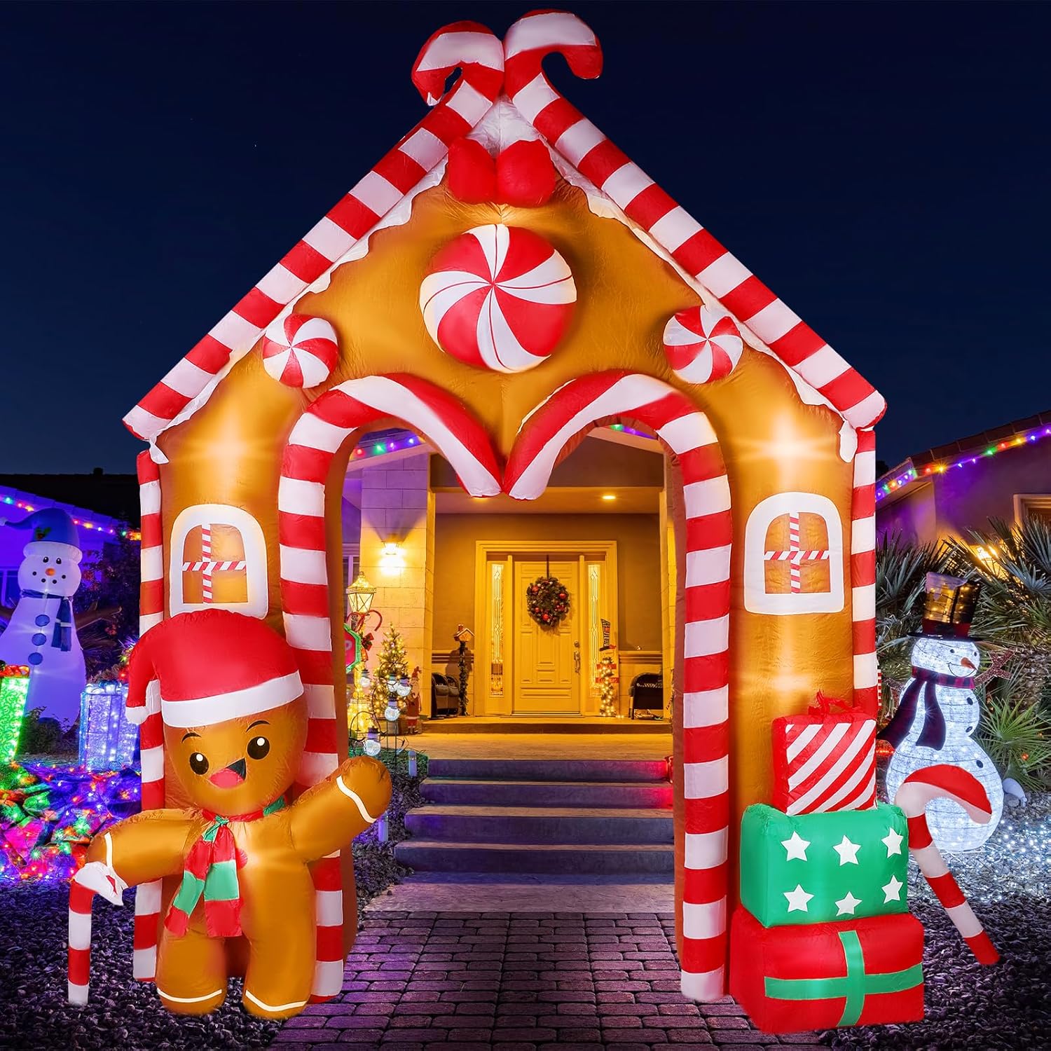 Casa de jengibre inflable de Navidad de 10 pies, arco, hombre de jengibre, decoración de galleta y bastón de caramelo con luces LED, juego para