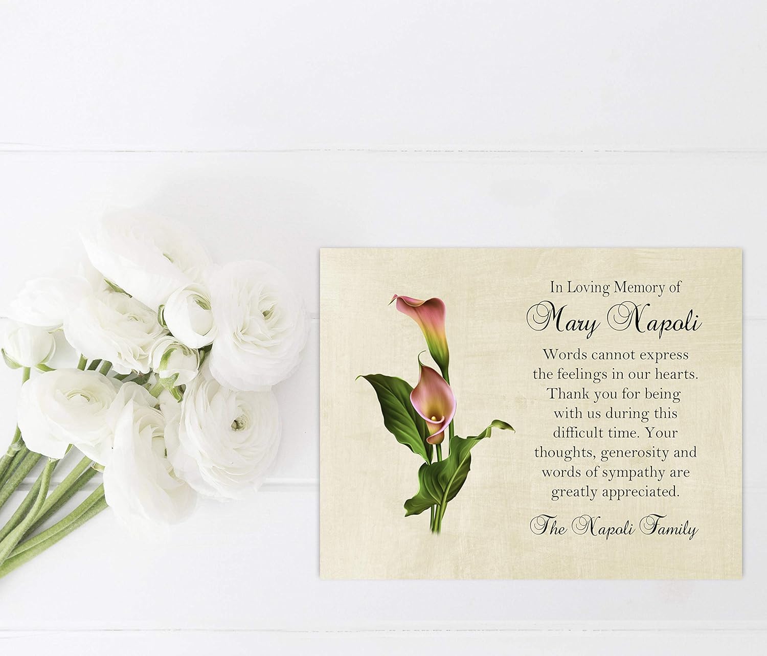 Sympathy Acknowledgement Cards, Calla Lily Funeral Thank You and Bereavement Notes Personalized