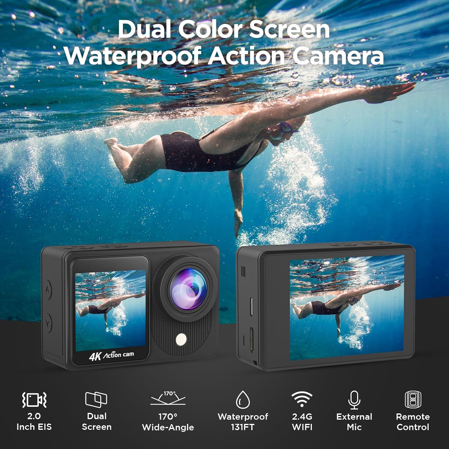 Cámara de acción de doble pantalla 4K30FPS, cámara de video con pantalla táctil HD de 20 MP, cámaras impermeables de 131 pies, control remoto de