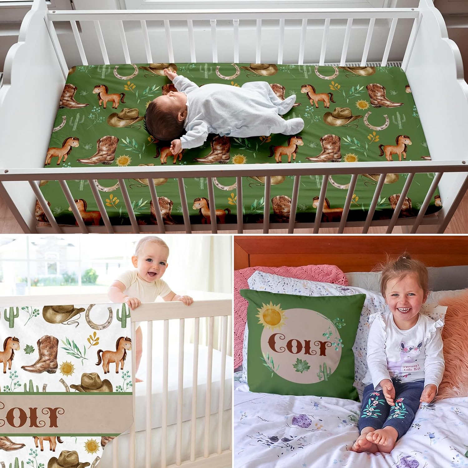 KAINSY Juego de ropa de cama personalizado para cuna, 3 piezas con temática de caballos, ropa de cama para cuna, ropa de cama para niños y niñas,