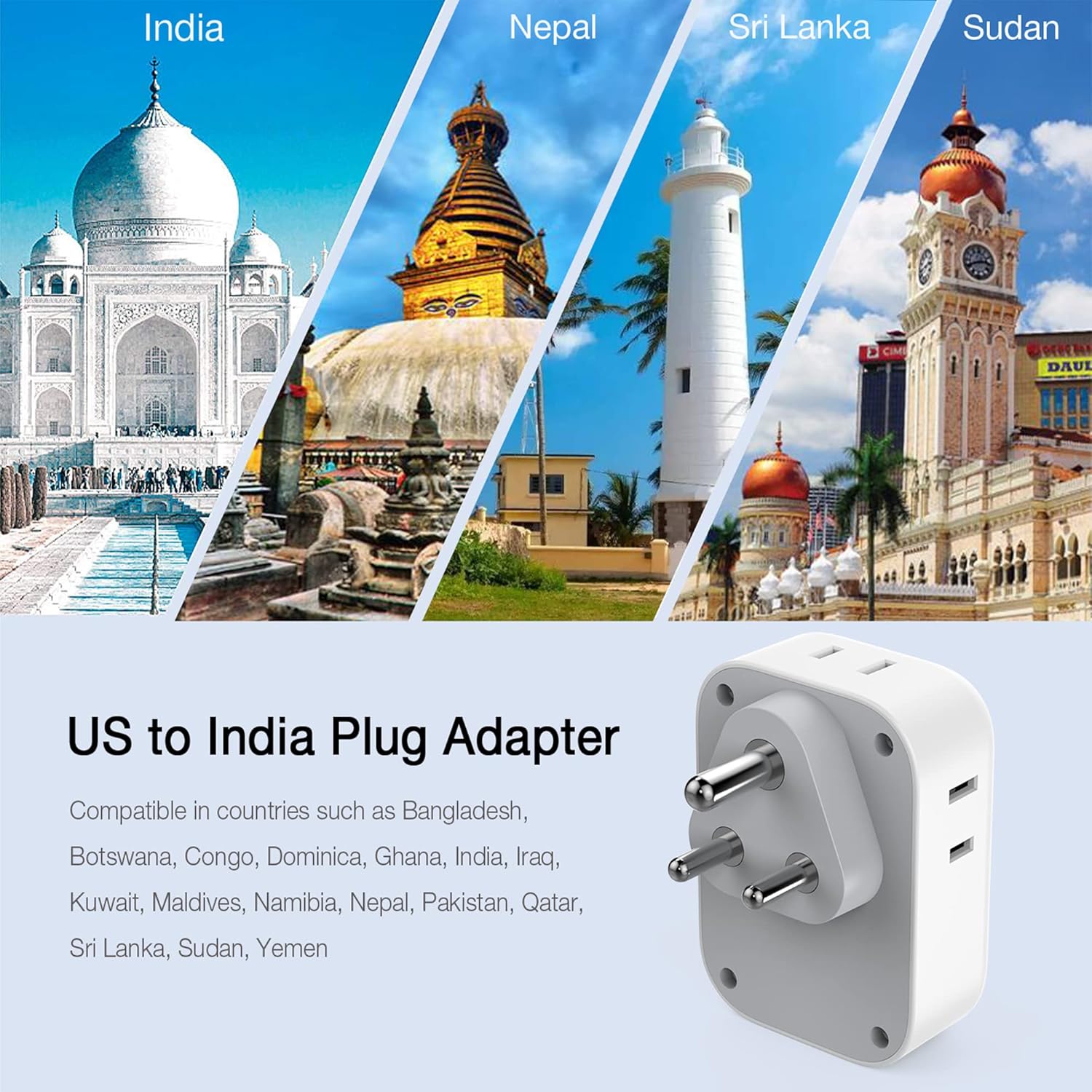 TESSAN Adaptador de enchufe de EE. UU. a India, adaptador de corriente 7 en 1 con 4 salidas de CA, 3 puertos de carga USB, adaptador de viaje para