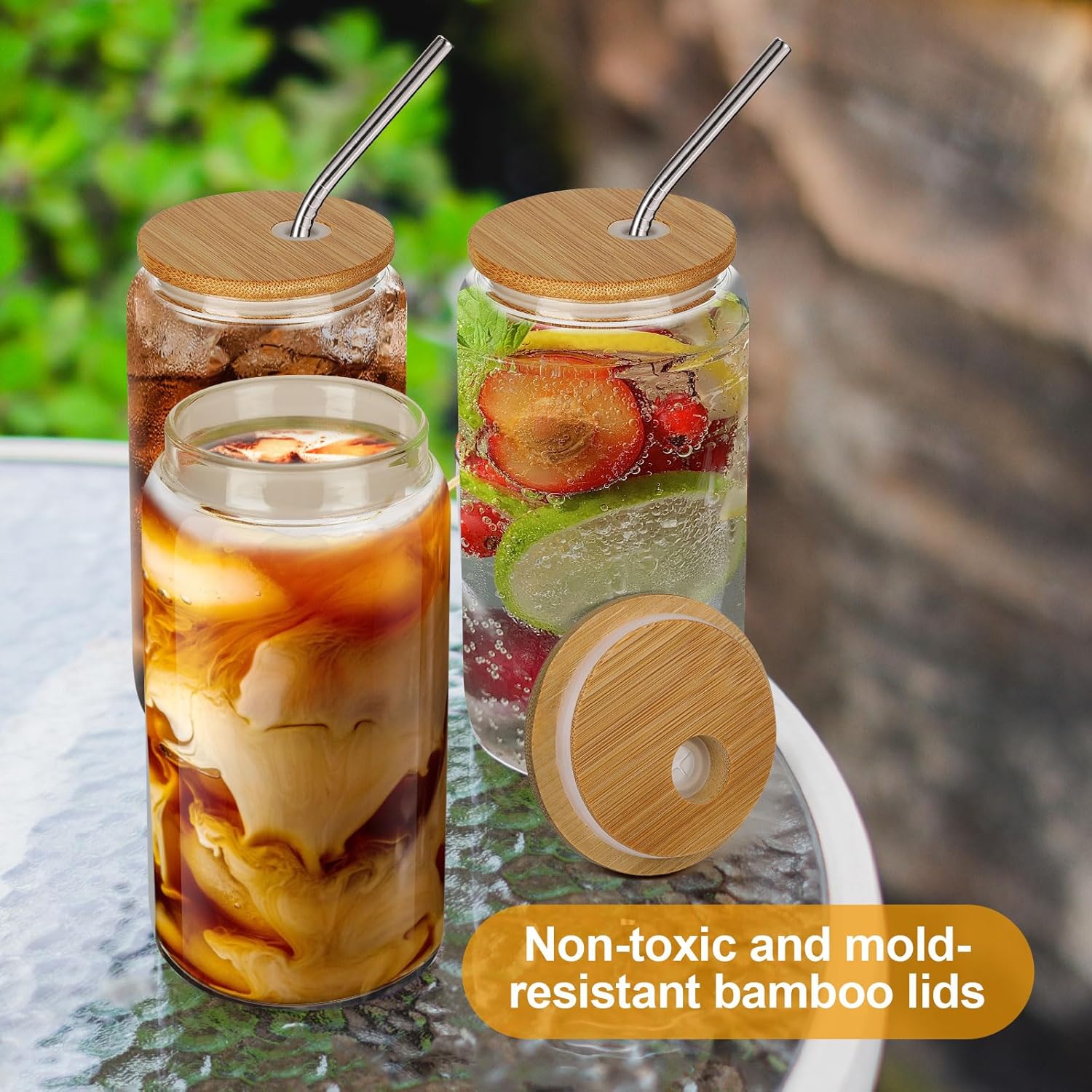 ASKIZ Juego de 16 piezas Vasos de vidrio con tapas y pajitas de bambú, botellas de agua de vidrio de 16 onzas, tarros de vidrio, vasos para beber,
