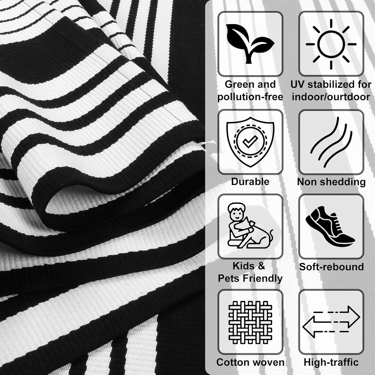 LEEVAN Tapete lavable a rayas de 27.5 x 43 pulgadas, de algodón tejido en blanco y negro, tapete reversible para porche en capas para cocinabaño