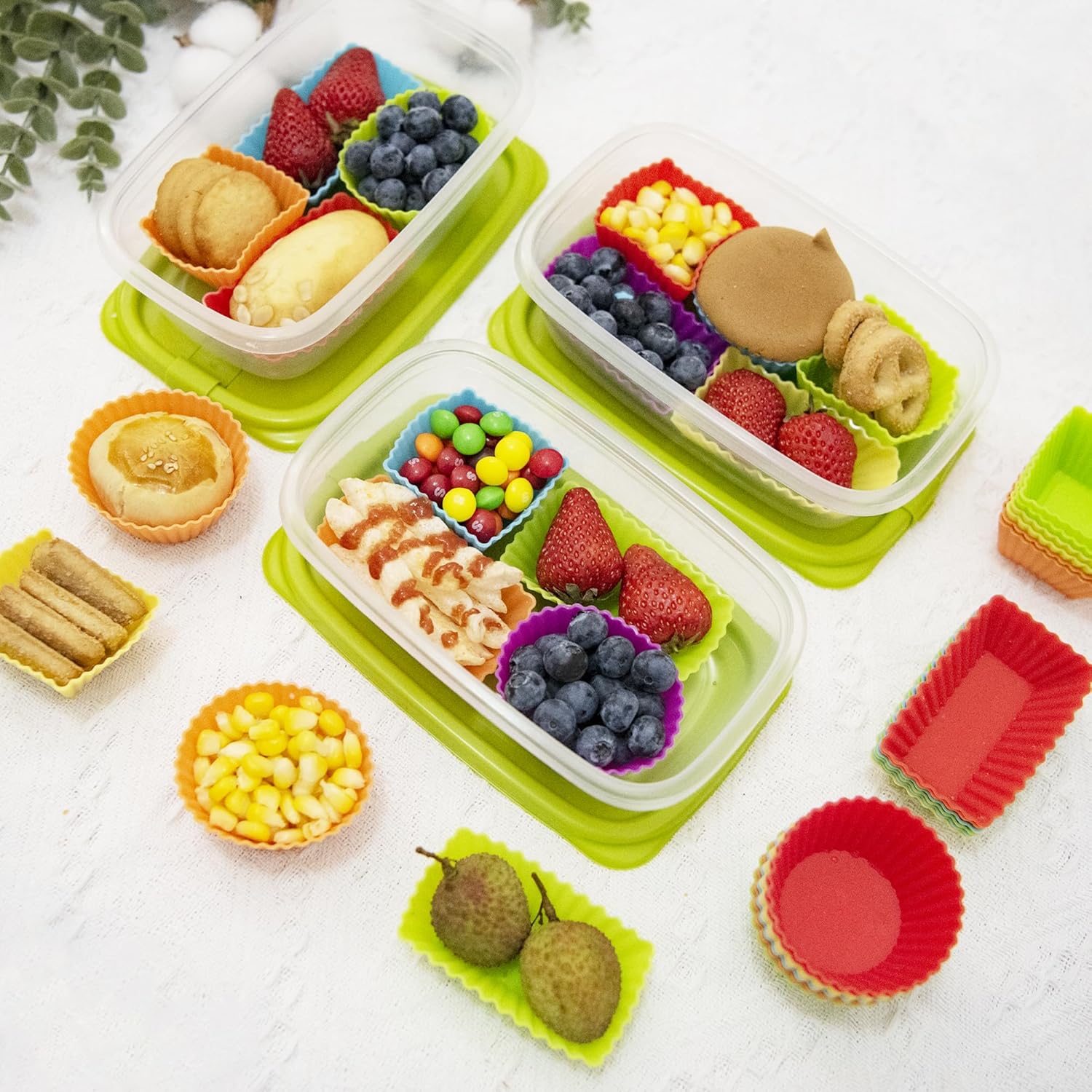 Forros de silicona para cupcakes, 36 divisores de silicona para loncheras, tazas de silicona antiadherentes, accesorios de caja Bento para niños