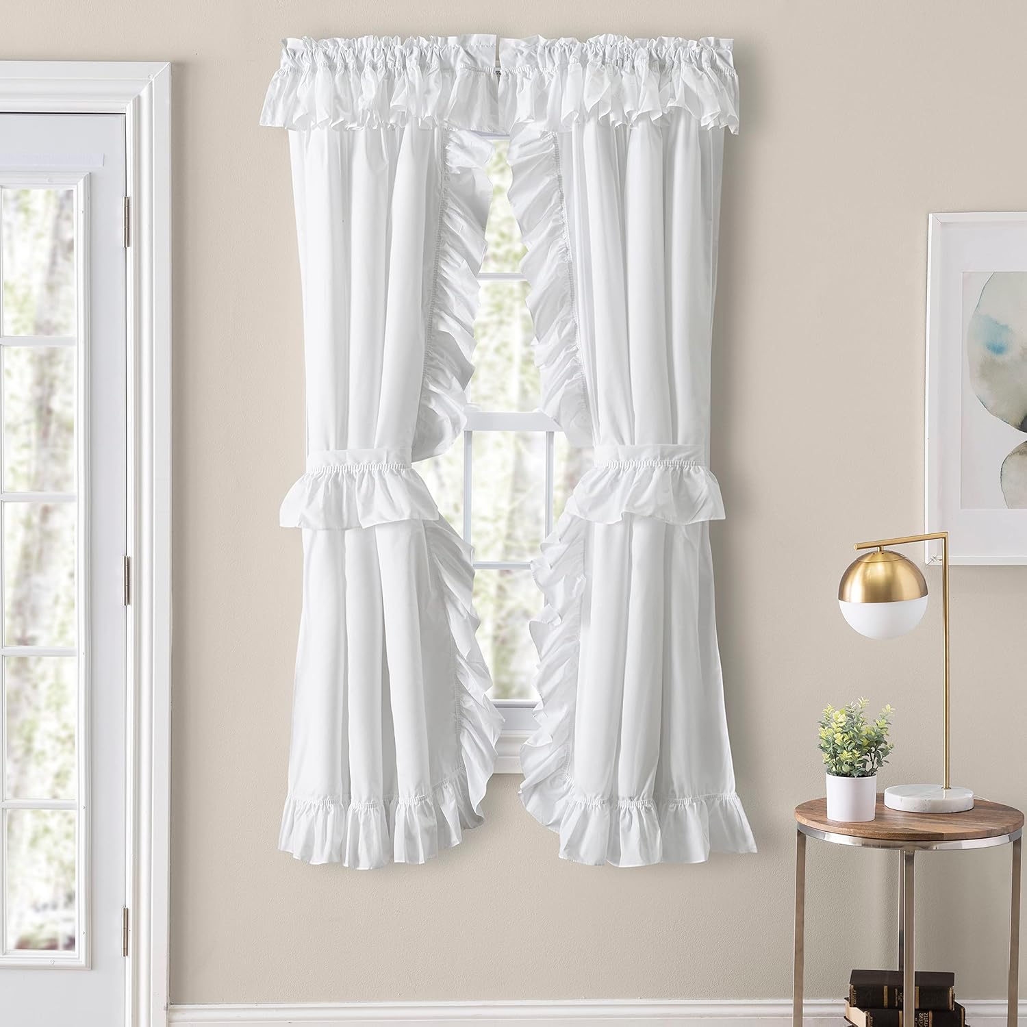 Ellis Curtain Par Prisilla clásico con volantes anchos con lazos, 80 x 63 pulgadas, blanco