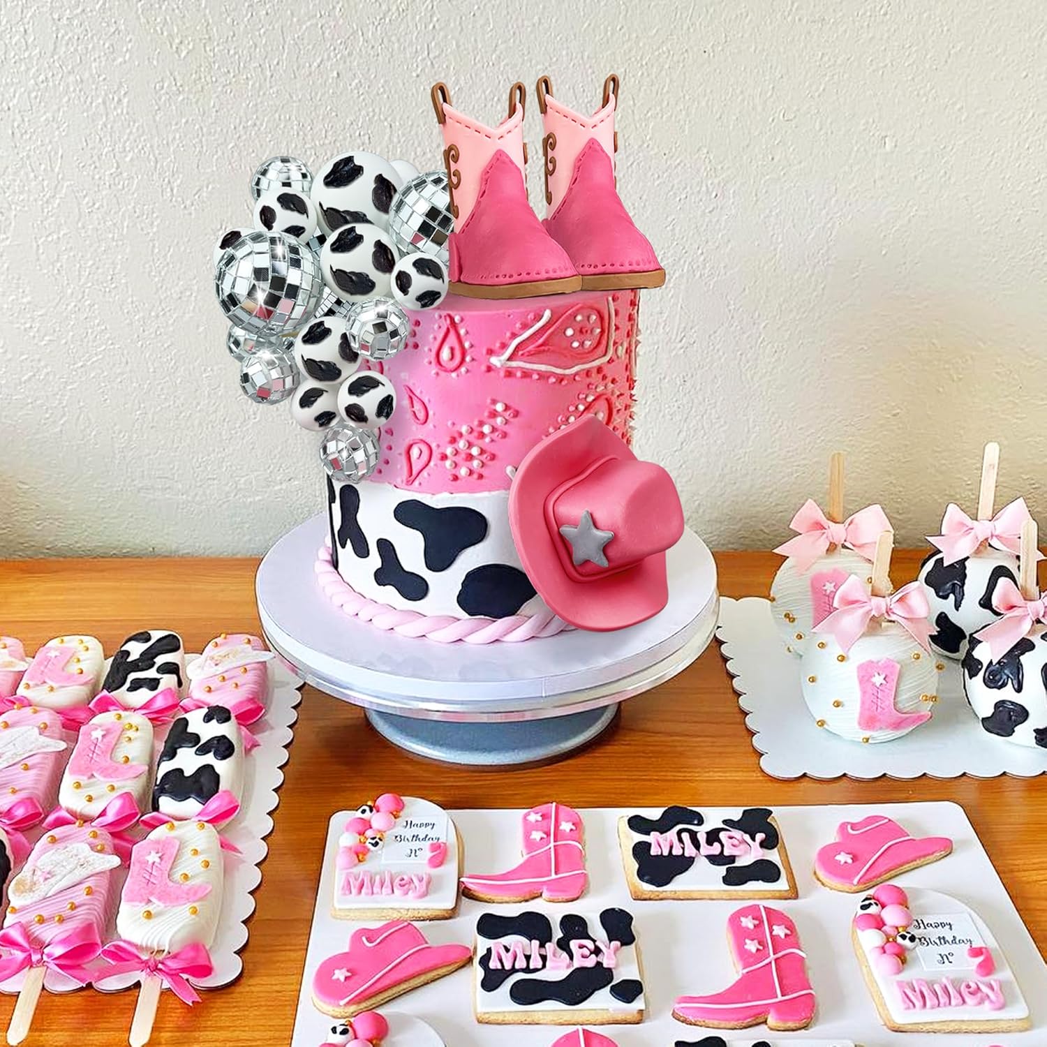 25 piezas de decoraciones para tartas de vaquera, sombrero de vaquera y botas, decoración de pastel de bola de discoteca, decoración de pastel de