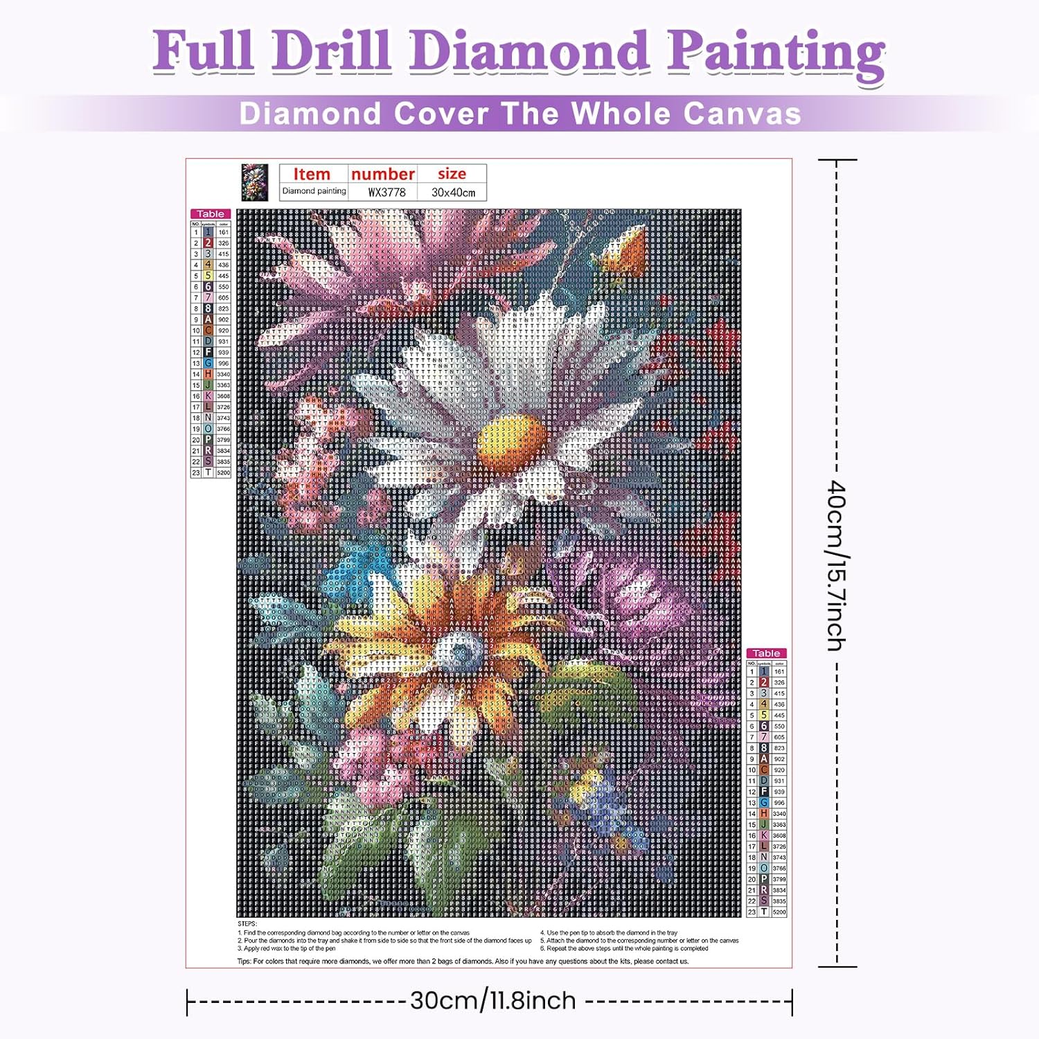 RICUVED Pintura artística de diamantes de flores, kits de pintura de diamantes coloridos para adultos, arte de gemas de diamantes 5D, taladro