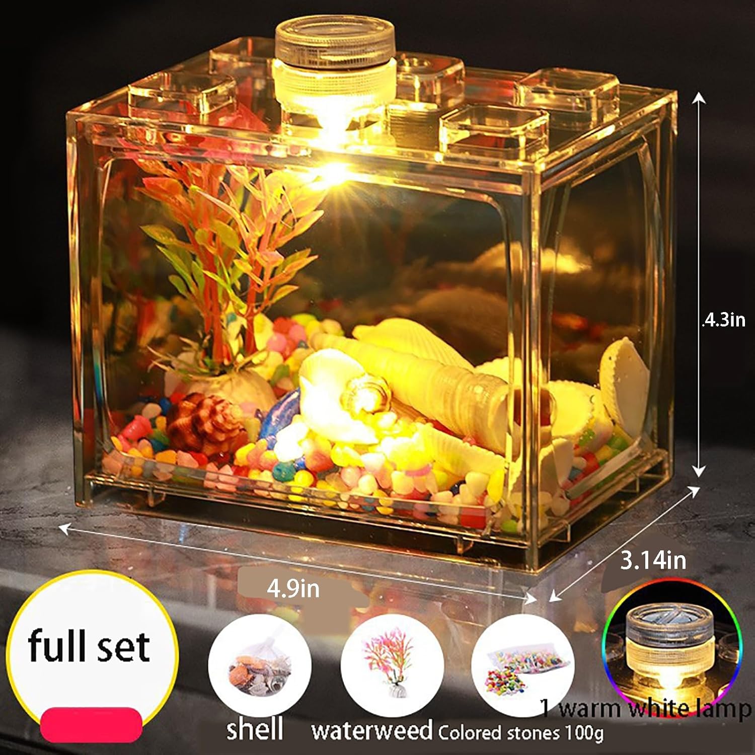 Pequeño tanque de peces mini tanque de peces bloque de acrílico kit de acuario con decoración