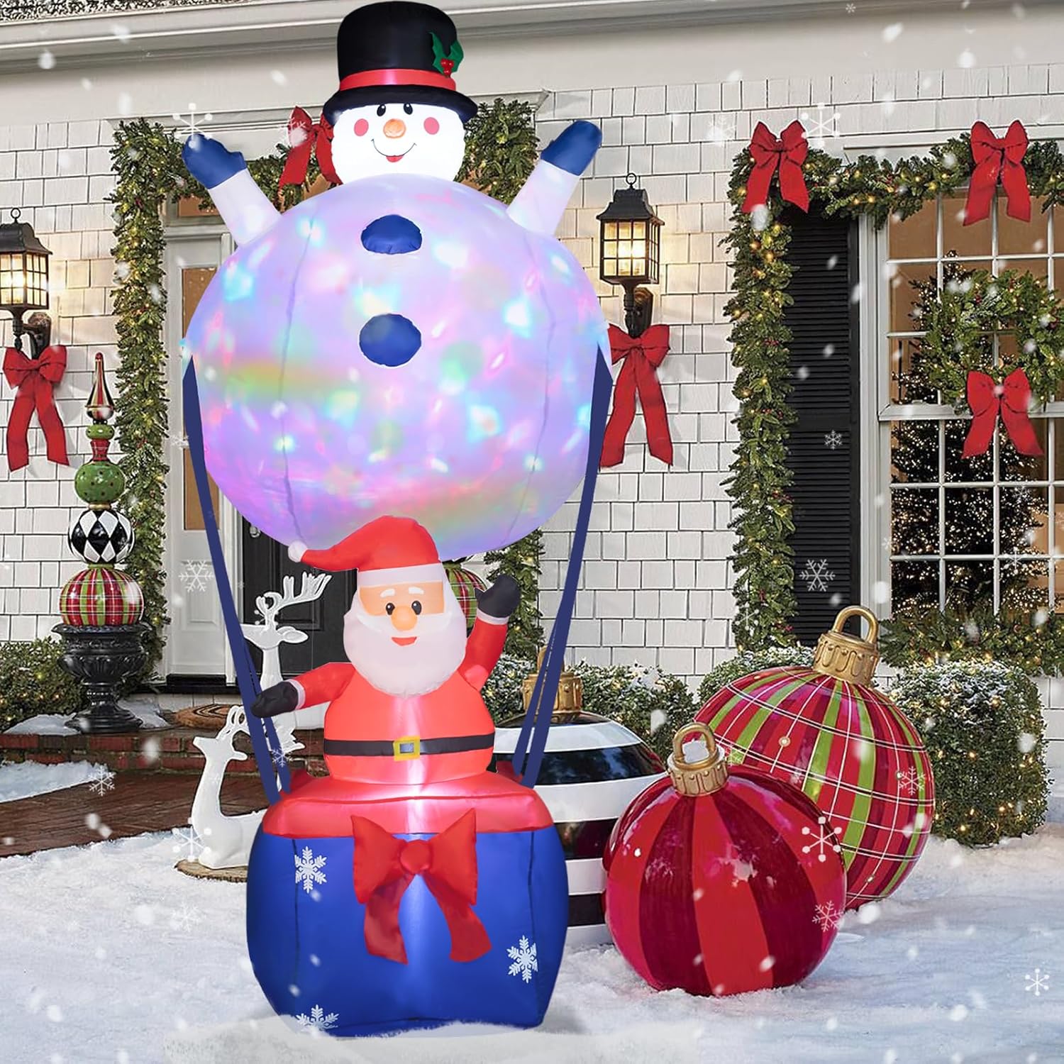 Decoración inflable de Navidad de 8 pies  Globo de aire caliente con muñeco de nieve con Papá Noel inflables de Navidad integrados en LED de arco