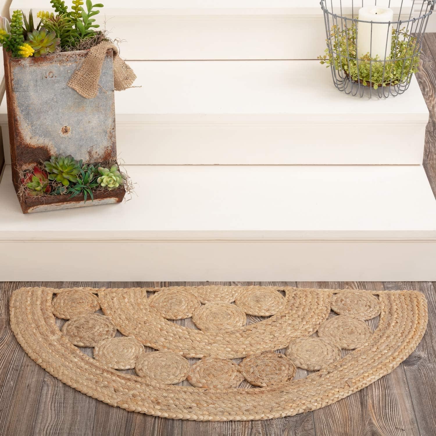 AFFERTO – Alfombra india hecha a mano de yute natural para puerta delantera, tapete de bienvenida al aire libre, tapete de yute medio círculo,