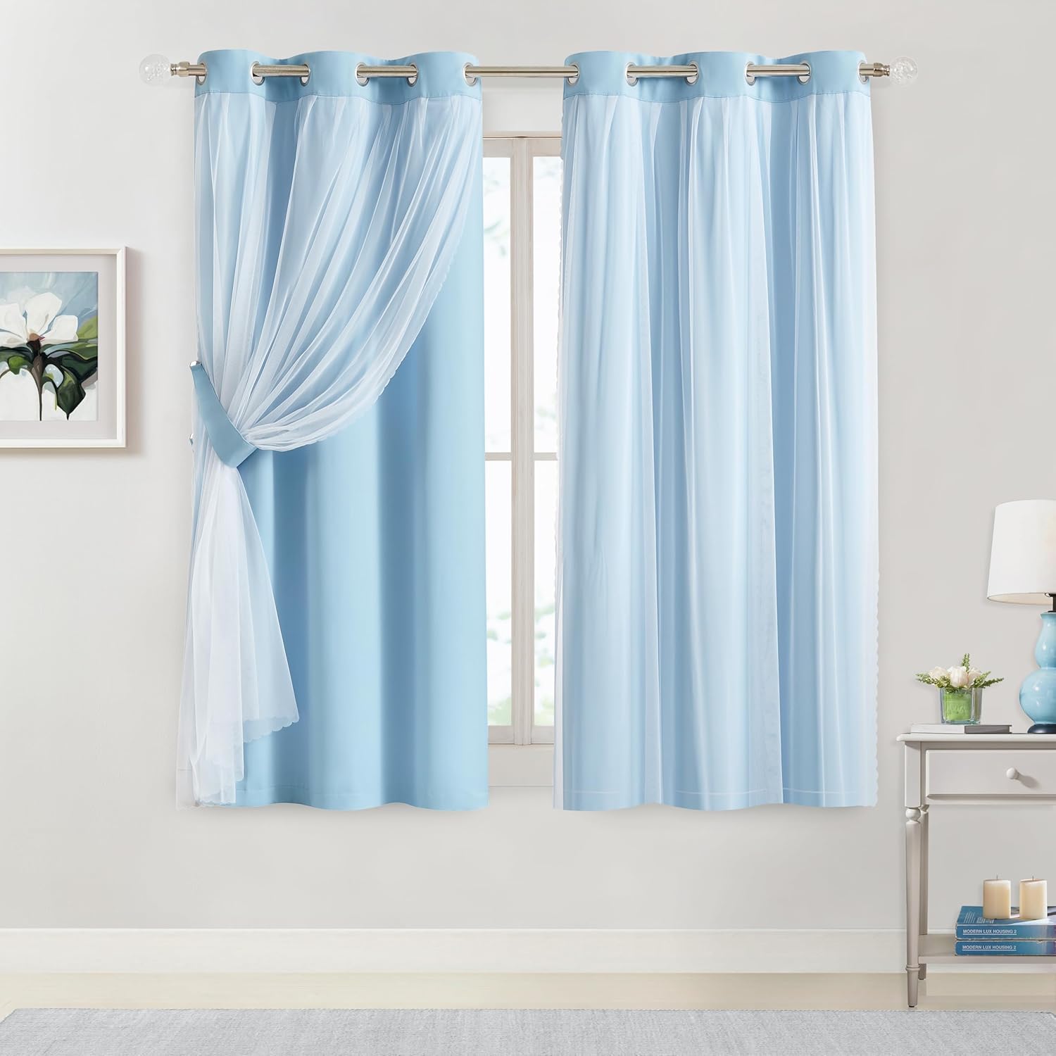 Cortinas 90% opacas de color azul cielo con superposición transparente, mezcla y combinación, paneles de ventana de doble capa con aislamiento