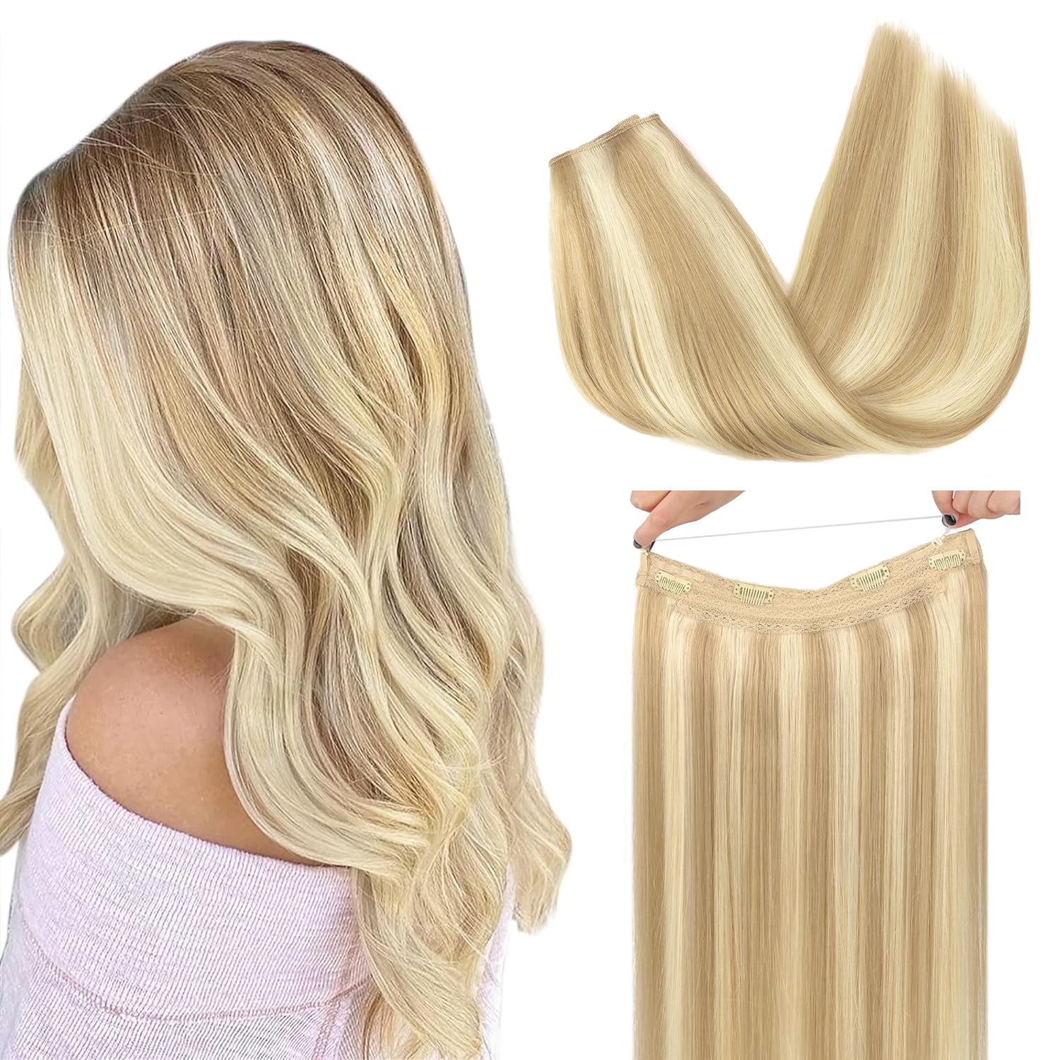 GOO GOO Extensiones de cabello humano real con alambre, 14 pulgadas, 2.65 oz, rubio oscuro con reflejos rubio decolorado, extensiones de cabello con