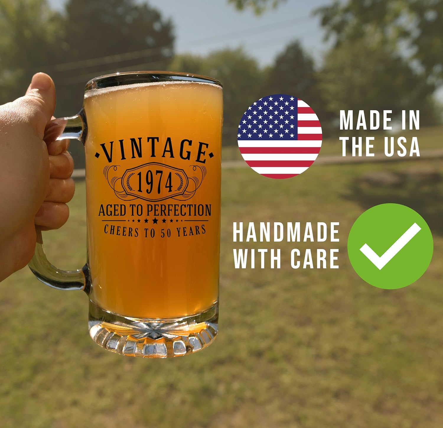 Taza de cerveza de vidrio con estampado negro vintage de 1974 de 16 onzas, regalos de feliz cumpleaños 50 para hombres y mujeres, saludos a 50 años,