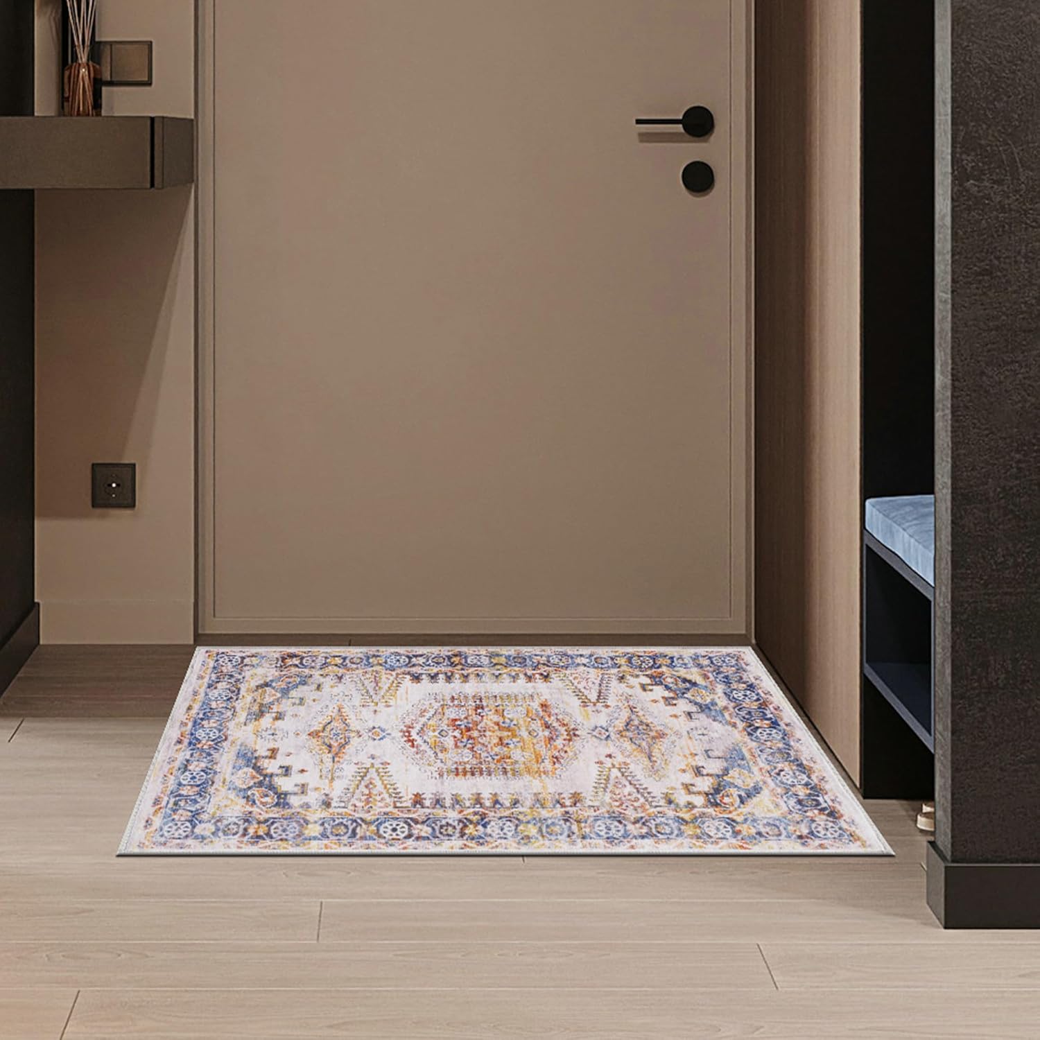 Alfombra de área lavable a máquina, medallón vintage ultrafina con respaldo antideslizante para entrada frontal interior, cocina, baño, sala de