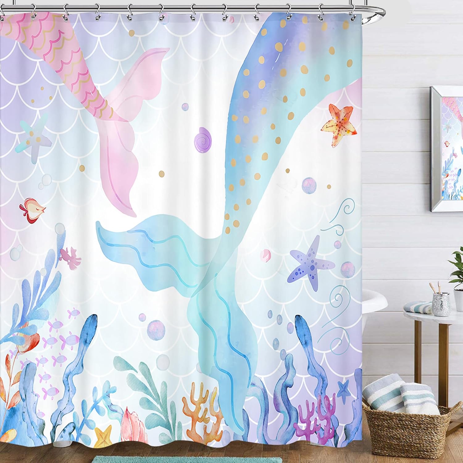 Cortina de ducha de sirena de 60 pulgadas de ancho x 72 pulgadas de largo, diseño de cola de sirena, linda cortina de ducha para niños, rosa, azul,