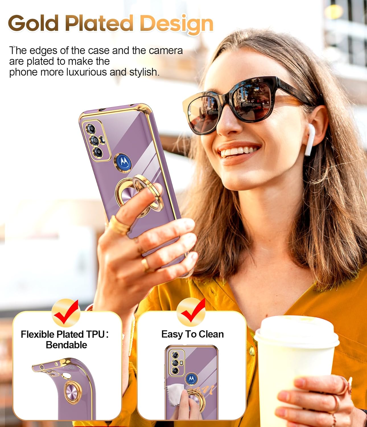 LeYi Funda para teléfono Moto G Play 2023 con protector de pantalla de vidrio templado (paquete de 2) Soporte de anillo giratorio de 360, soporte