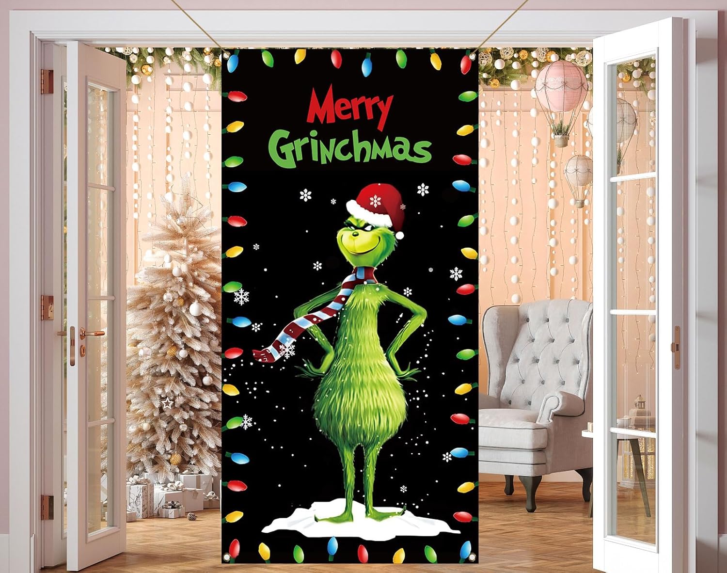 Vohado Merry Grinchmas – Cubierta de puerta de Navidad, Whoville, decoración de fiesta de invierno, decoración de porche frontal, fondo para