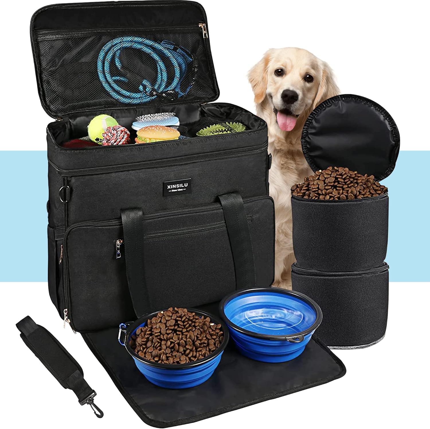Bolsa de viaje grande para perros, organizador de accesorios de doble capa para una semana y noche con 2 cuencos plegables para perros, 2 portadores
