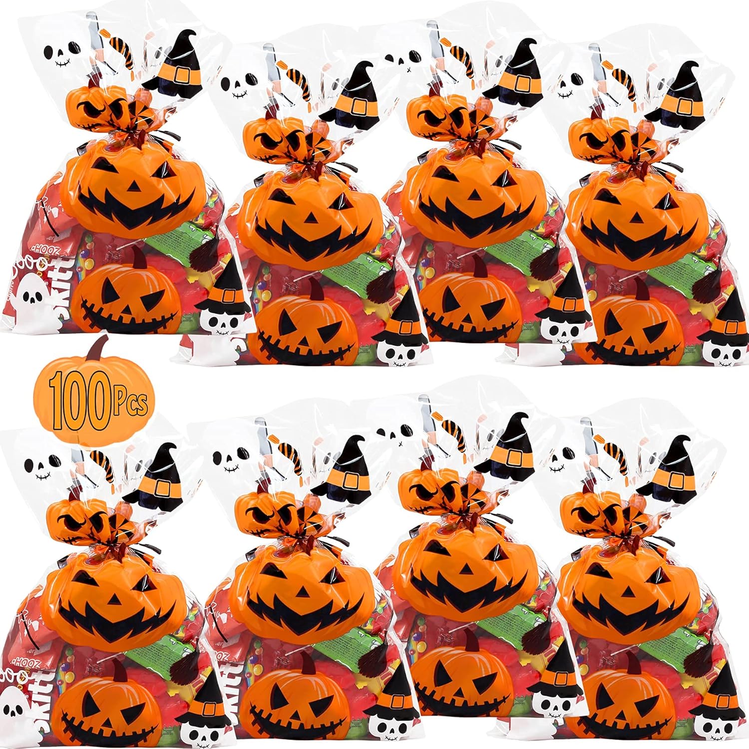 AnapoliZ Bolsas de regalo de Halloween  100 piezas (6 x 9 pulgadas)  Bolsas de celofán transparente de 2.5 mil con divertidos diseños aterradores