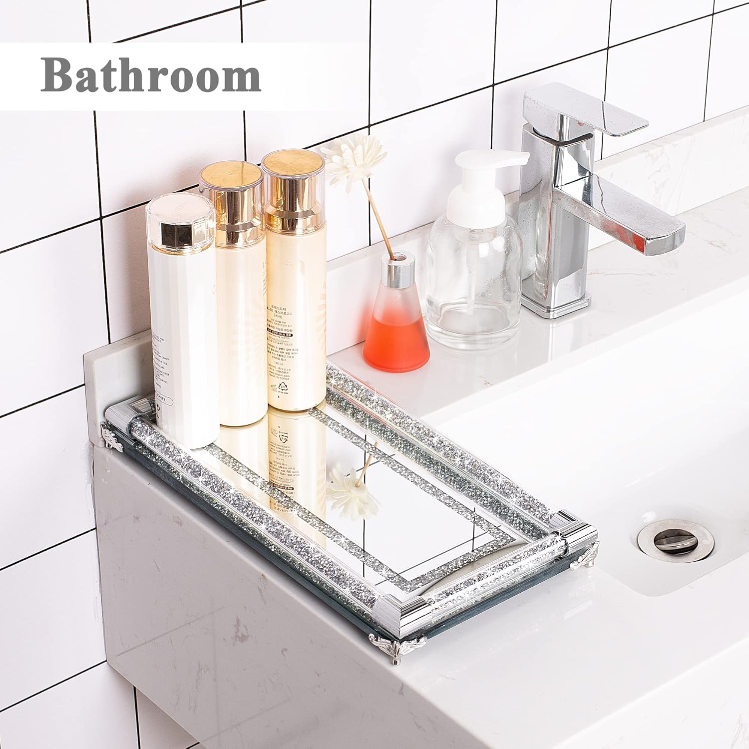 SHYFOY Bandeja de tocador de perfume de espejo plateado de 12.5 pulgadas, bandeja decorativa de cristal triturado, bandeja decorativa rectangular de