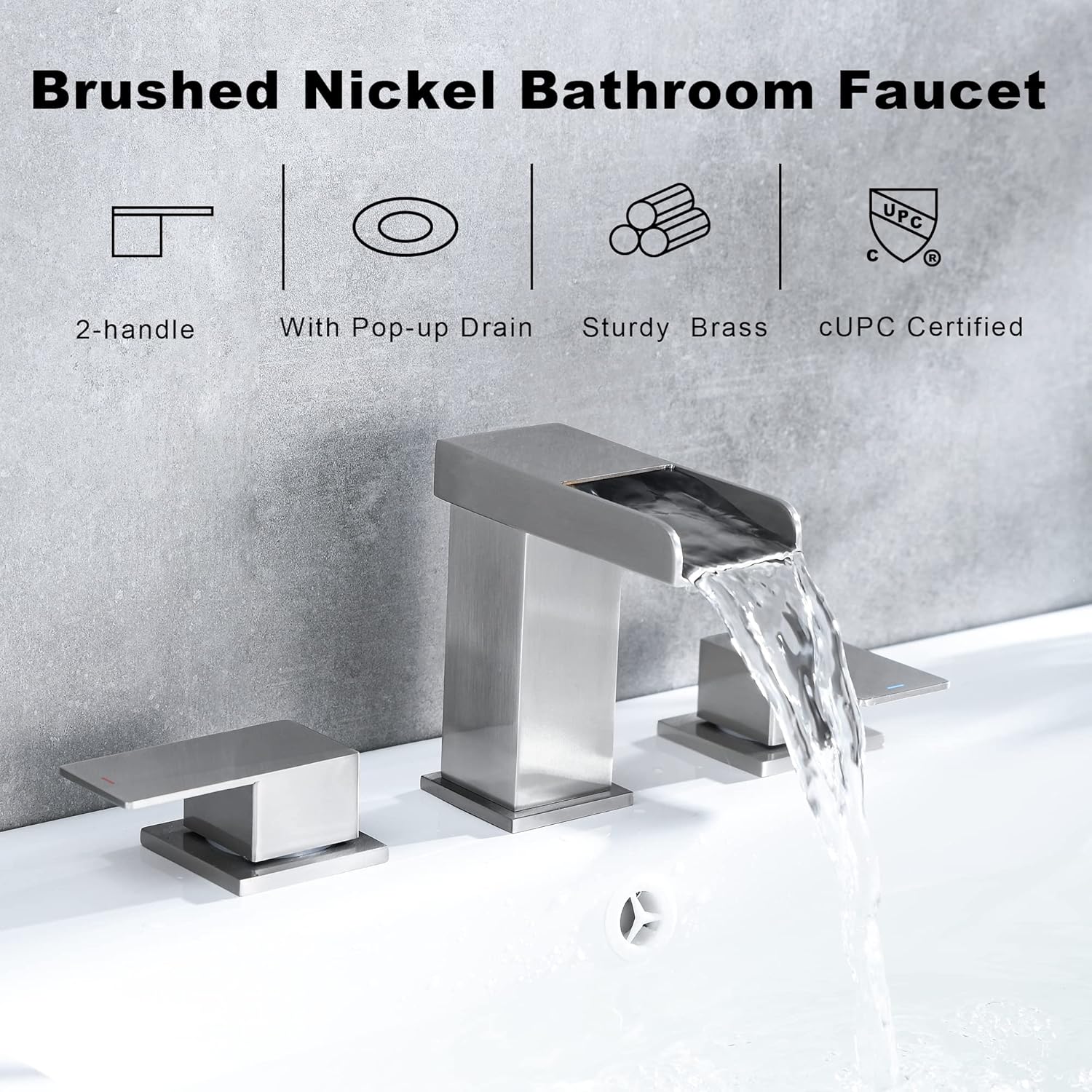 Grifo de baño de cascada de níquel cepillado, 8 pulgadas, 2 asas, 3 agujeros, drenaje emergente de metal, línea de suministro de 23.6 in, espacio