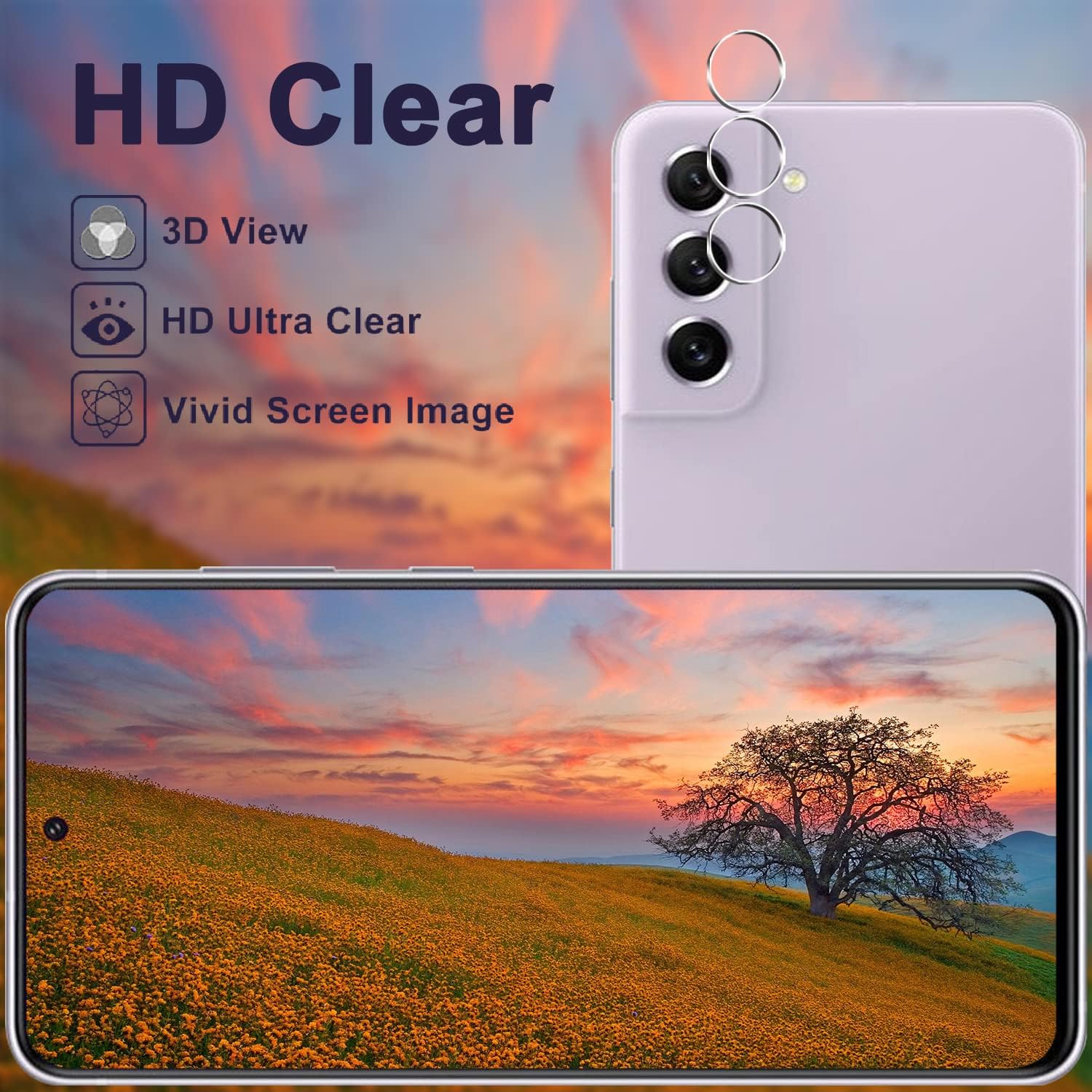 Paquete de 3 + 3 Protector de pantalla para Galaxy S21 FE 5G + protector de lente de cámara, película de vidrio templado HD, dureza 9H, resistente a