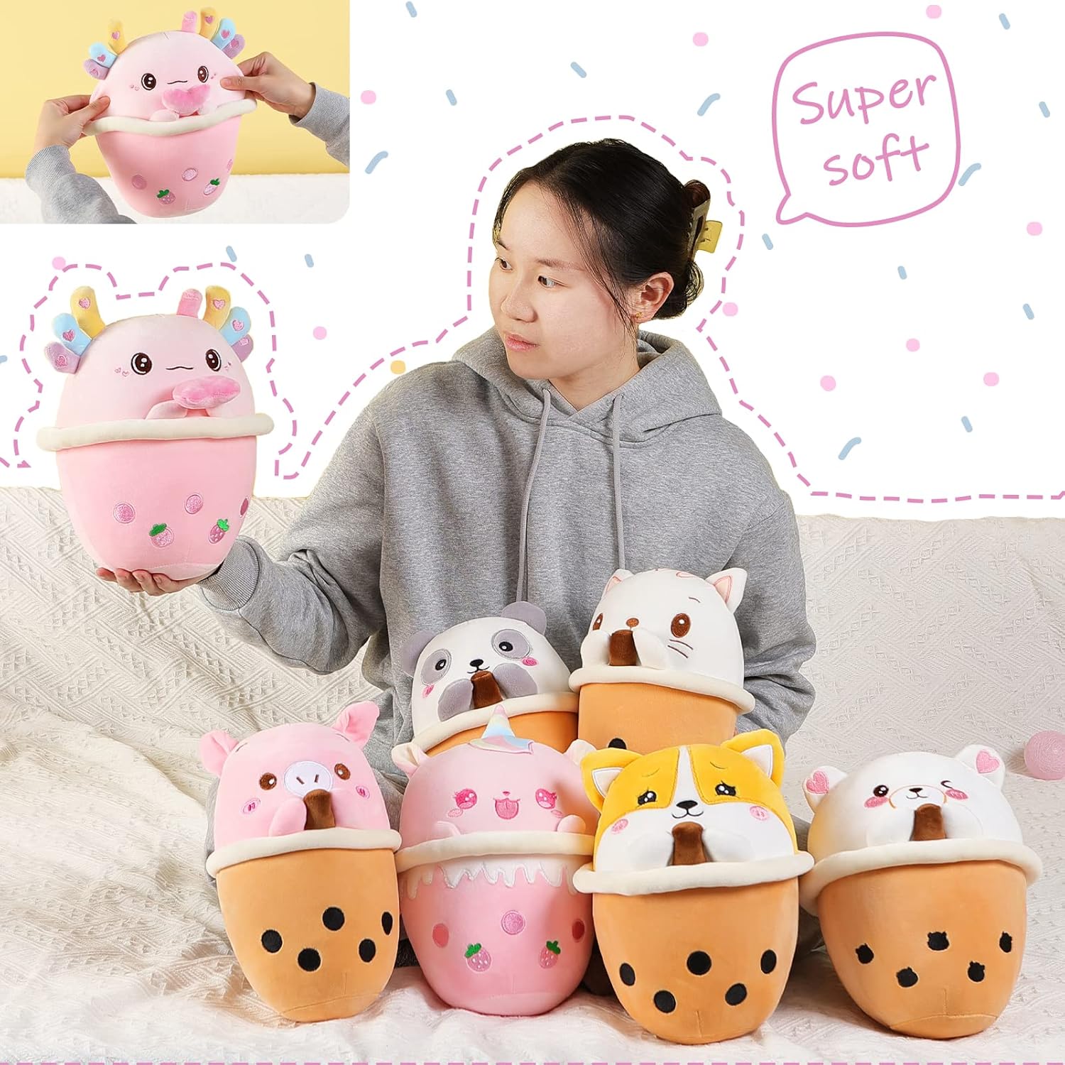 AIXINI Axolotl Boba – Peluche de té de burbujas de 10 pulgadas, lindo y suave juguete de peluche para niños