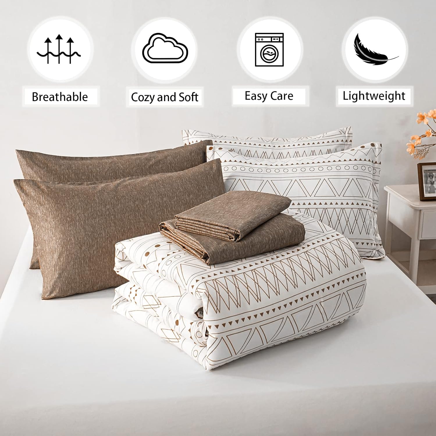 WONGS BEDDING Juego de edredón marrón bohemio de 7 piezas para cama Queen en una bolsa, edredón geométrico a rayas, reversible, juego de ropa de