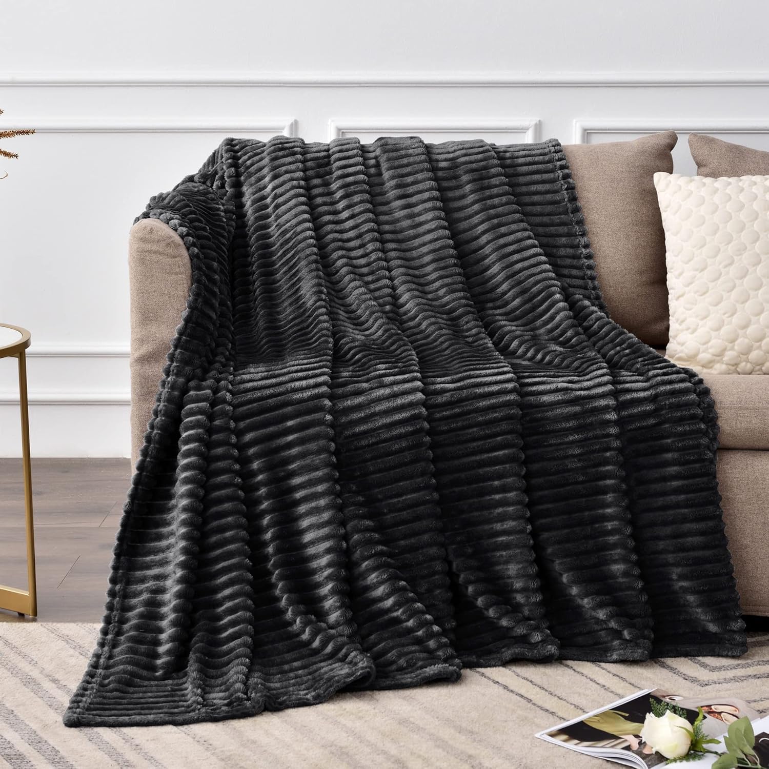 BEDELITE Manta de vellón tamaño individual  Manta decorativa de jacquard acanalado 3D, suave y cálida, acogedora, esponjosa, ligera de felpa para