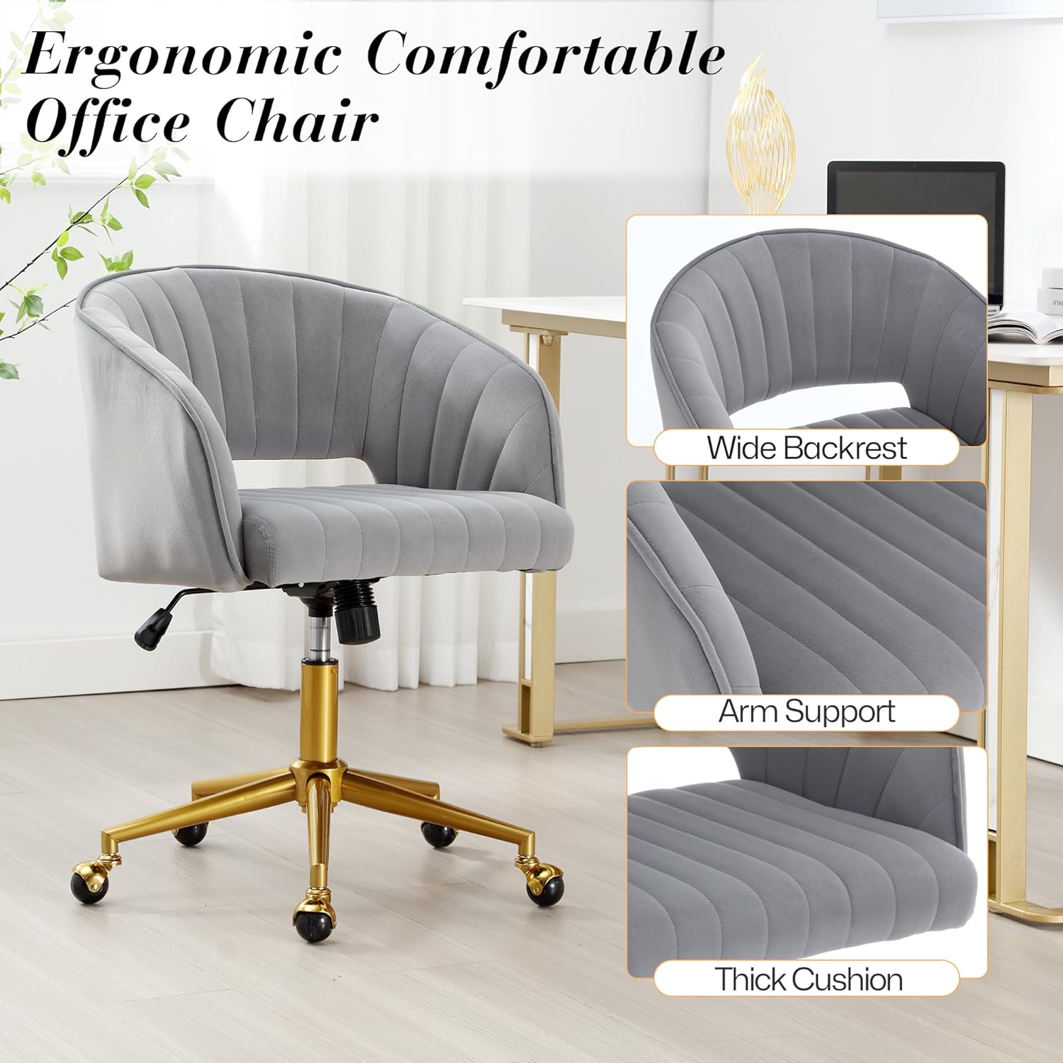 Homedraft Silla de escritorio giratoria para oficina en casa, moderna silla de escritorio de terciopelo, sillón de altura ajustable con base dorada,