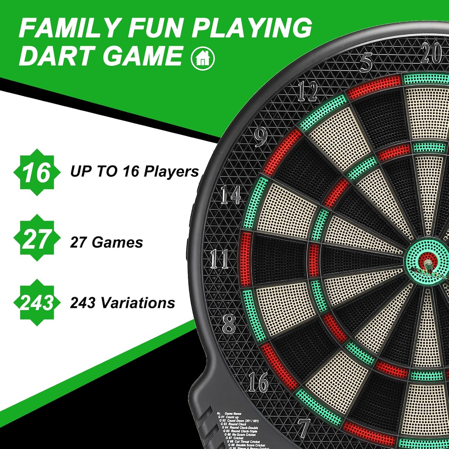 PATIKIL Tablero de dardos electrónico, juego de diana digital de punta suave con pantallas LCD, 27 juegos y 243 variantes con 6 dardos, 24 puntas,