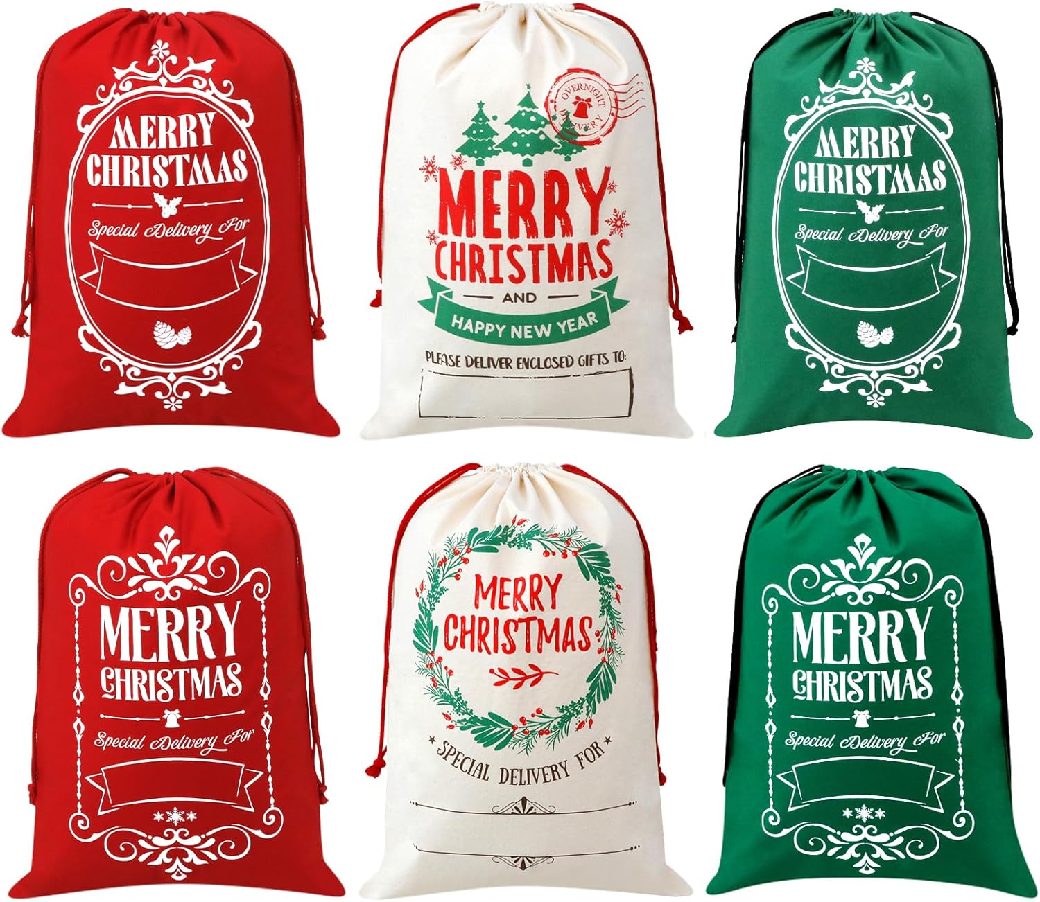 AOUTACC 6 bolsas de regalo de Navidad con cordón de Papá Noel, 27.5 x 19.7 pulgadas, reutilizables, extra grandes, con cordón, bolsas de regalo de