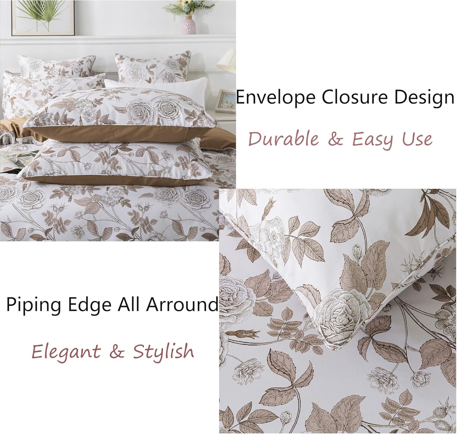 FADFAY Juego de funda de edredón de rosa desgastada, tamaño individual XL, ropa de cama floral vintage blanca y marrón, elegante juego de funda de