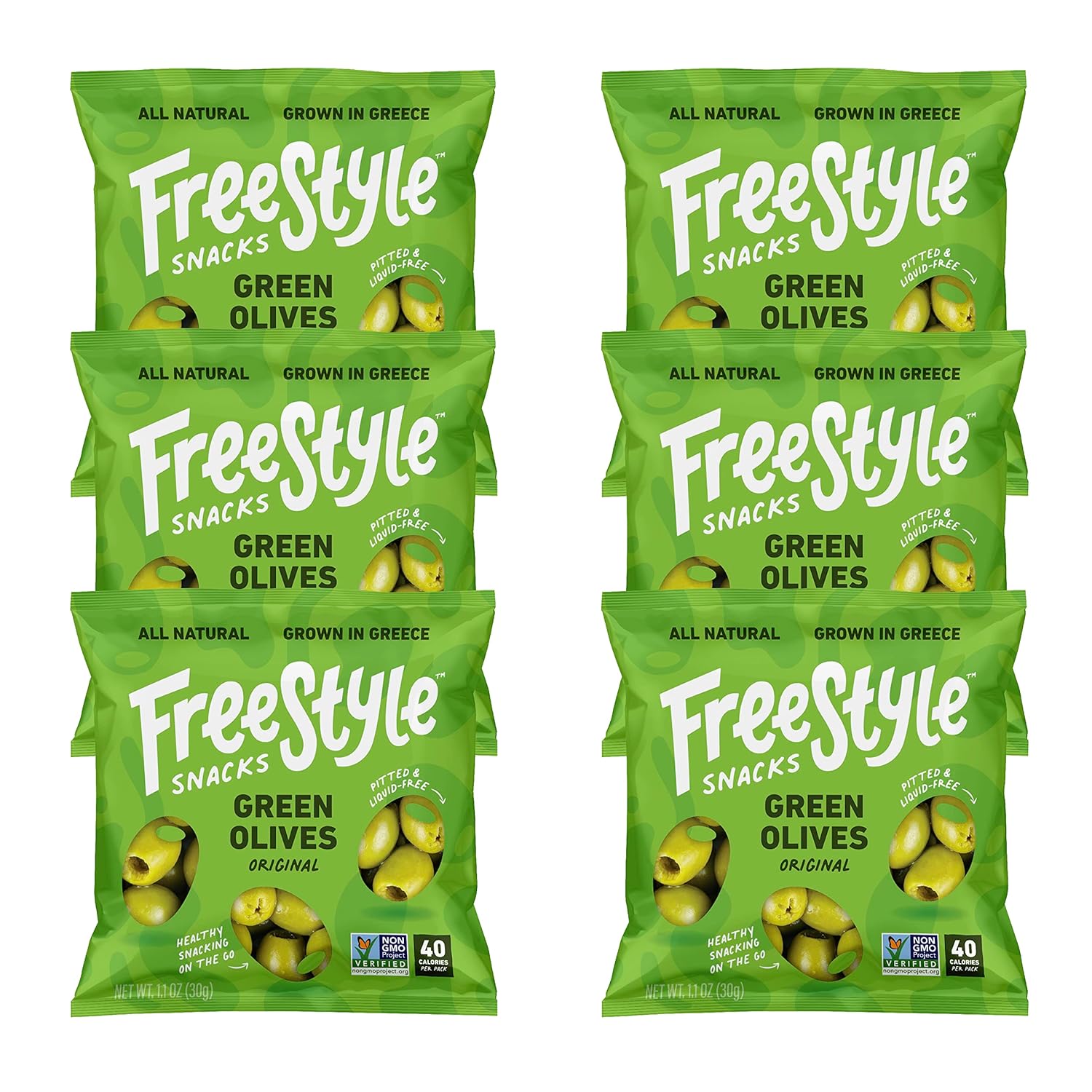 Freestyle Snacks Paquetes de aceitunas  Paquete de 3 sabores  Ajo limón, original, picante y picante  (18) paquetes de 1.1 oz en total  Aceitunas