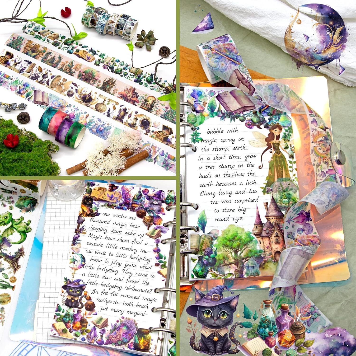 Washi – Juego de 23 rollos de cinta de recortes con temática mágica y de hadas para juego de diario de viñetas, cinta adhesiva de colores para