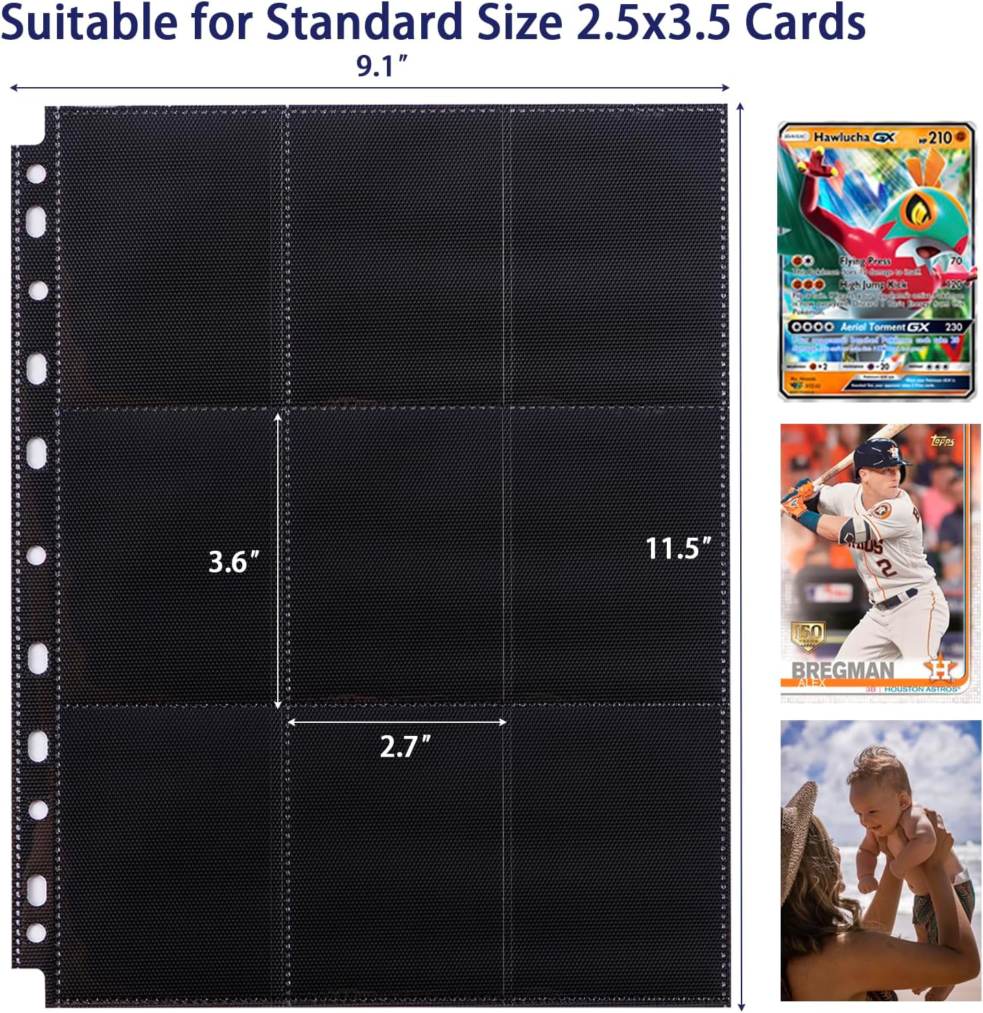 Paquete de 20 fundas negras de 360 bolsillos para tarjetas coleccionables, fundas gruesas de doble cara para tarjetas de juego para carpeta de 3