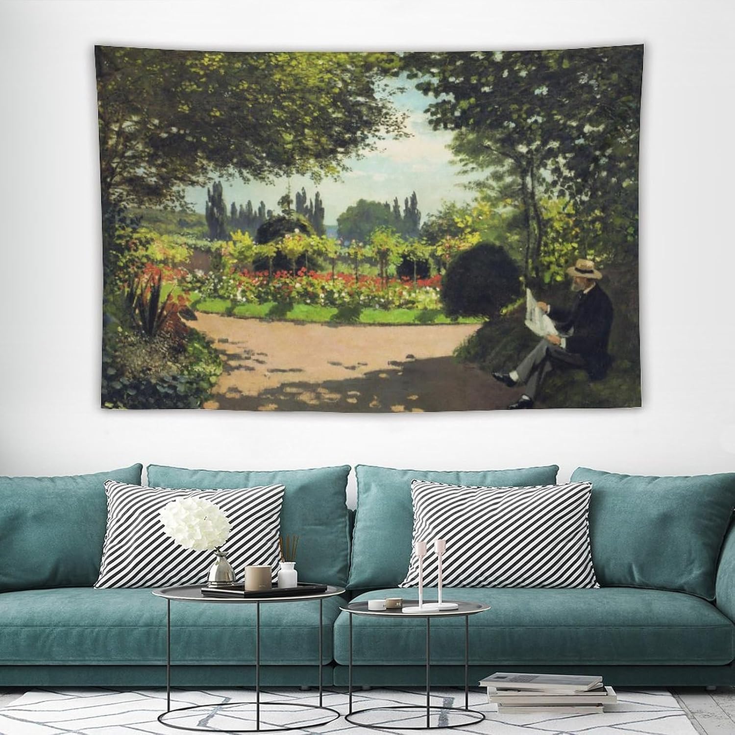 SAYFUR Claude Monet Tapiz Monet Reading in The Garden, 1866 Tapiz decorativo para pared, sala de estar, dormitorio, impresiones de 60 x 90 pulgadas