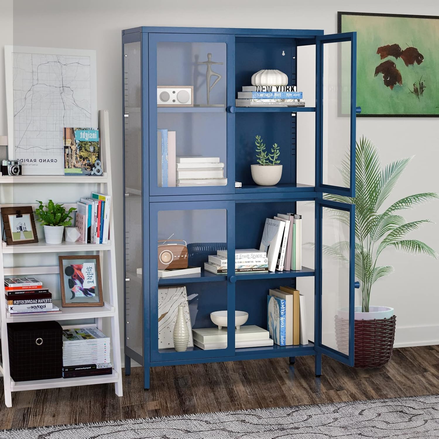 Vitrina de cristal con 4 estantes ajustables y pies de acero laminado en frío, armario de almacenamiento de 4 niveles con 2 puertas de vidrio,