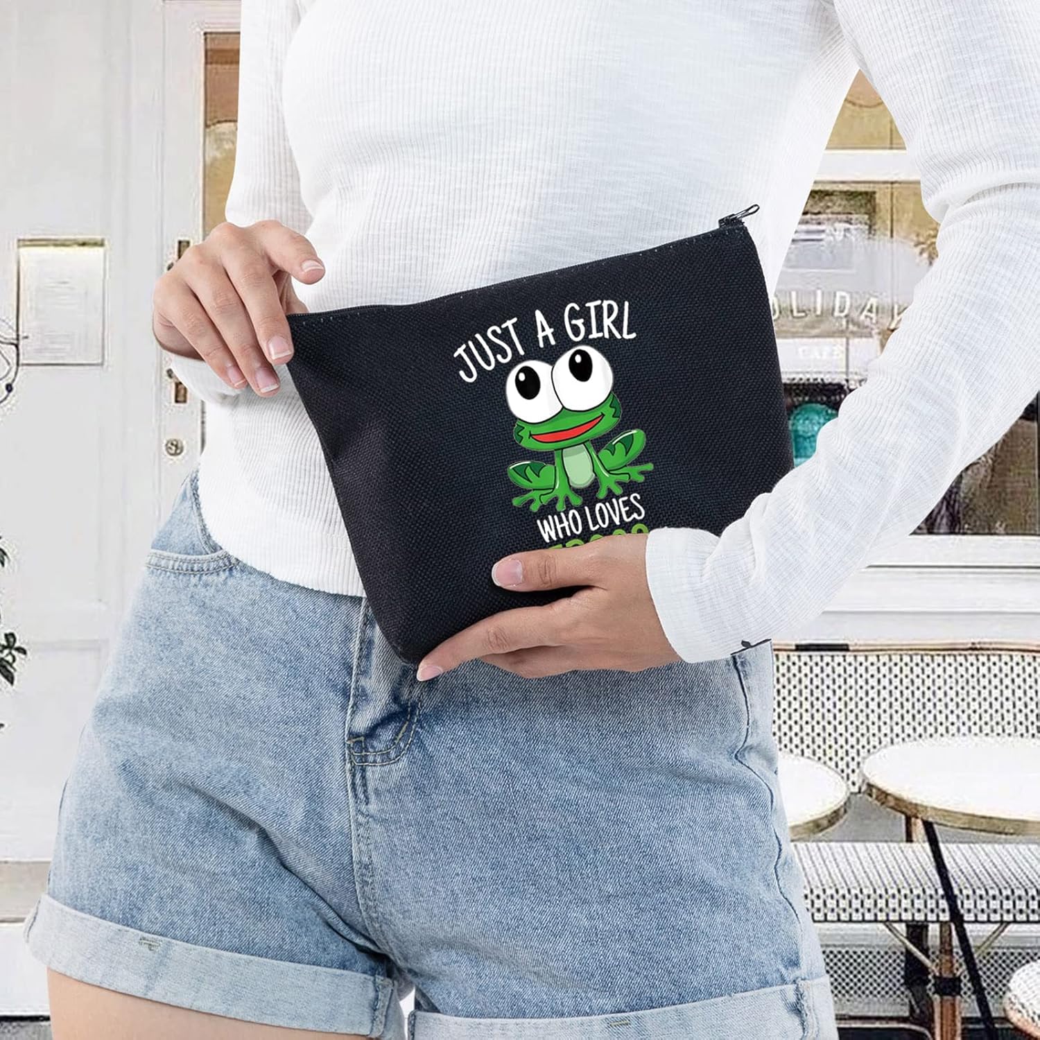 LEVLO Bolsa de maquillaje cosmética de rana divertida, regalo para amantes de los animales, solo una chica que ama a las ranas, bolsa de maquillaje