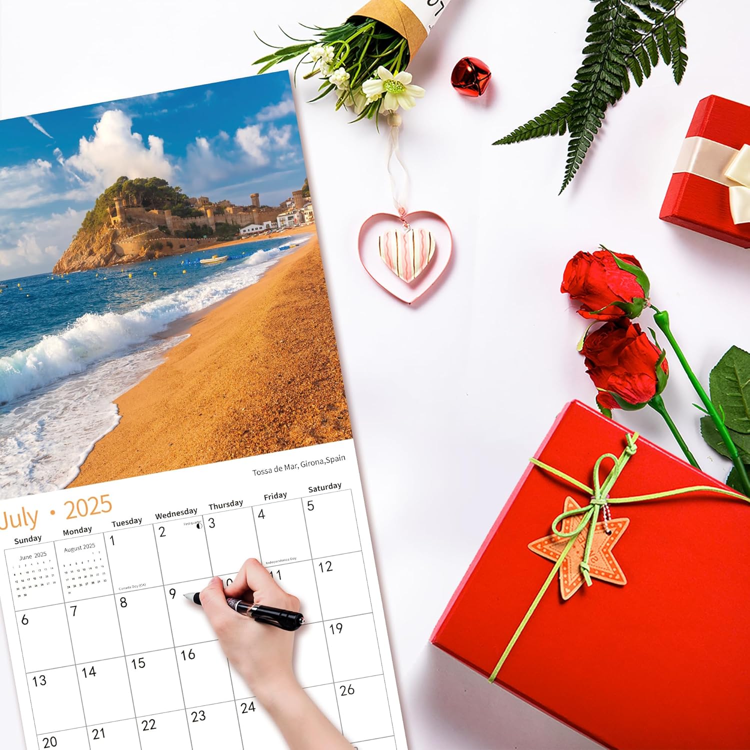 Calendario de pared 2024 2025, julio de 2024 a diciembre de 2025, calendario de pared de playas, 12 x 24 pulgadas abierto, página completa, papel