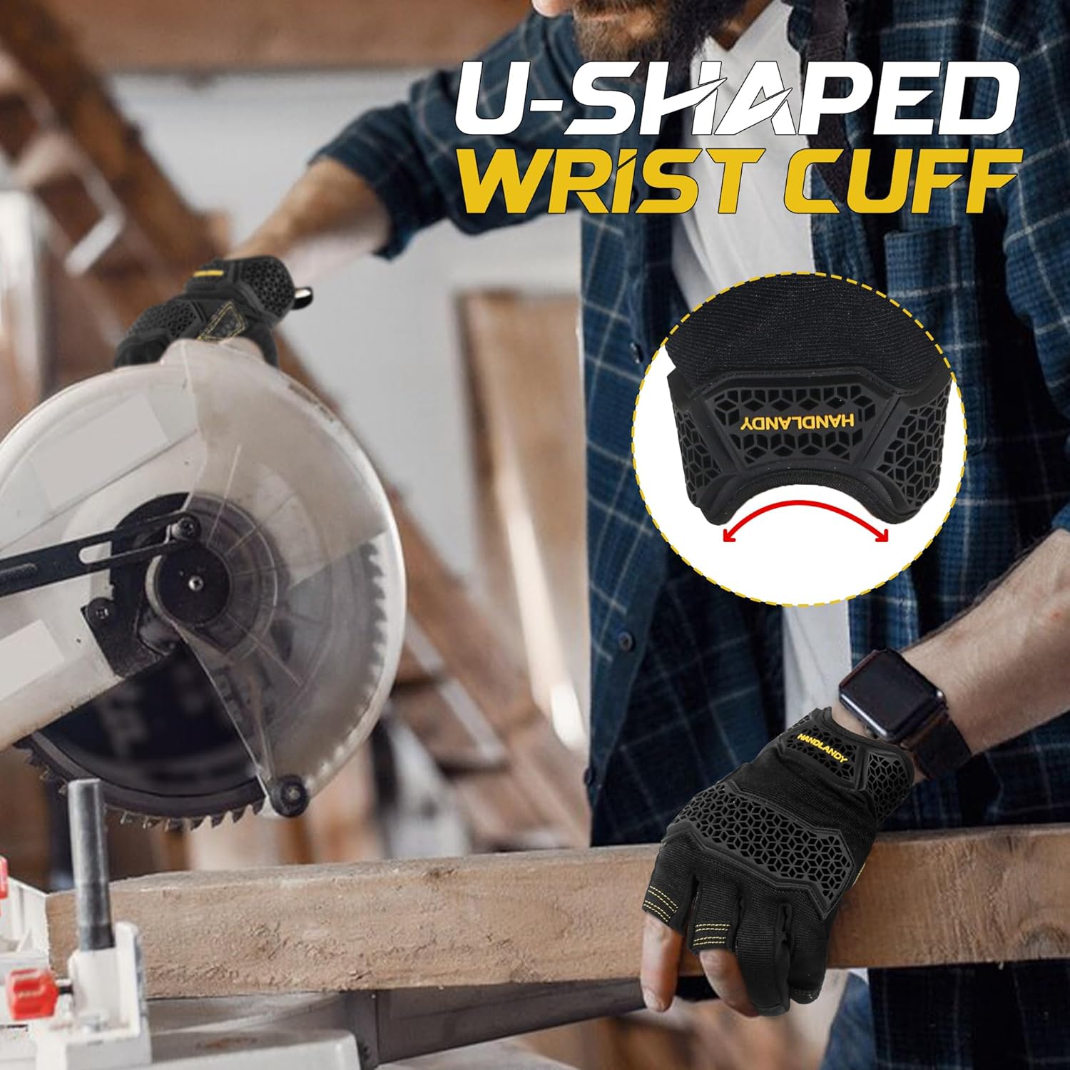 Guantes de trabajo de carpintero con palma para reducir impactos, guantes de trabajo acolchados de medio dedo con agarre de seguridad, protector de