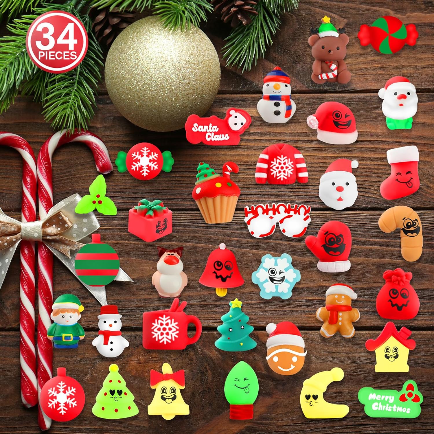 VNAMO Juguetes esponjosos de Navidad, 34 piezas de juguetes esponjosos, regalos de fiesta de Navidad para niños y niñas, Mochi Kawaii Squishy Alivio
