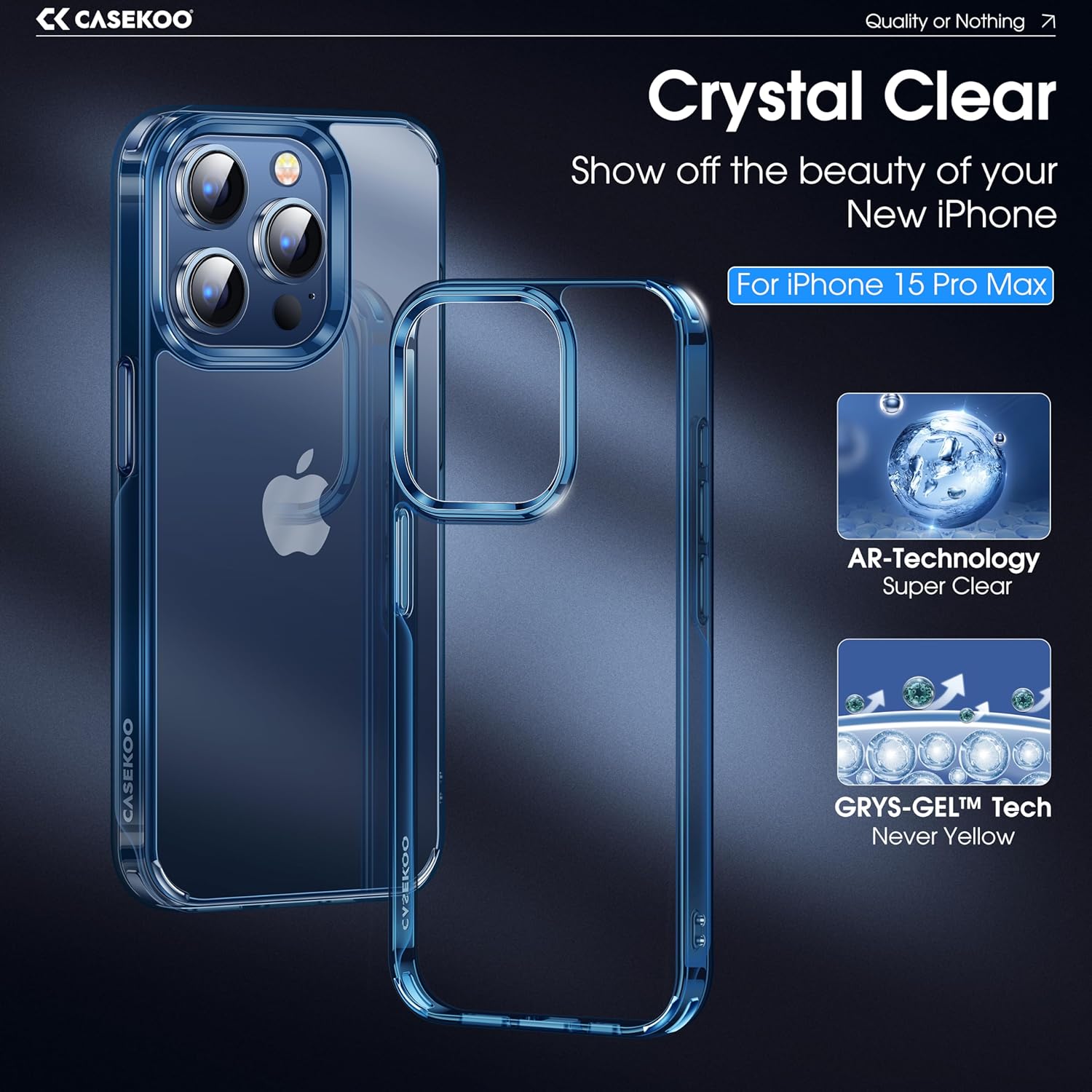 CASEKOO Funda azul para iPhone 15 Pro Max, tecnología nunca amarilla, protección de grado militar de 10 pies, funda delgada transparente para