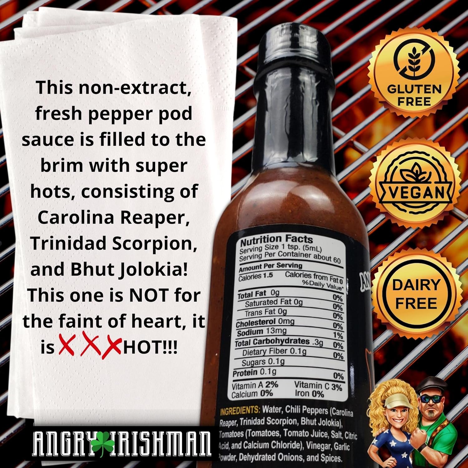 Angry Irishman – Salsa súper picante extrema hecha con Bhut Jolokia (pimienta fantasma), pimientos Trinidad Scorpion y Carolina Reaper sin extracto,