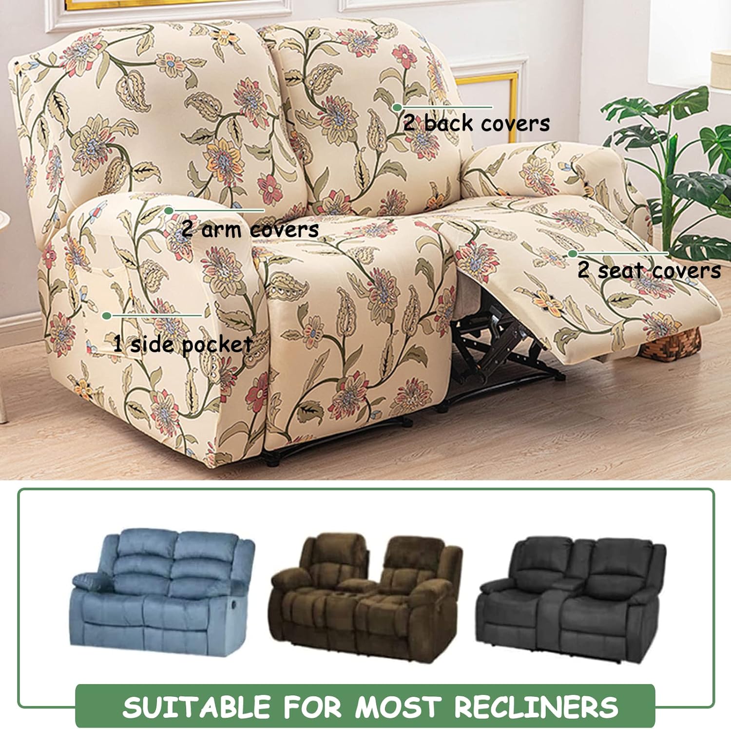 HAOYONG Funda reclinable para sofá biplaza, 6 piezas, fundas elásticas para sofá reclinable con bolsillo, funda de sofá biplaza reclinable